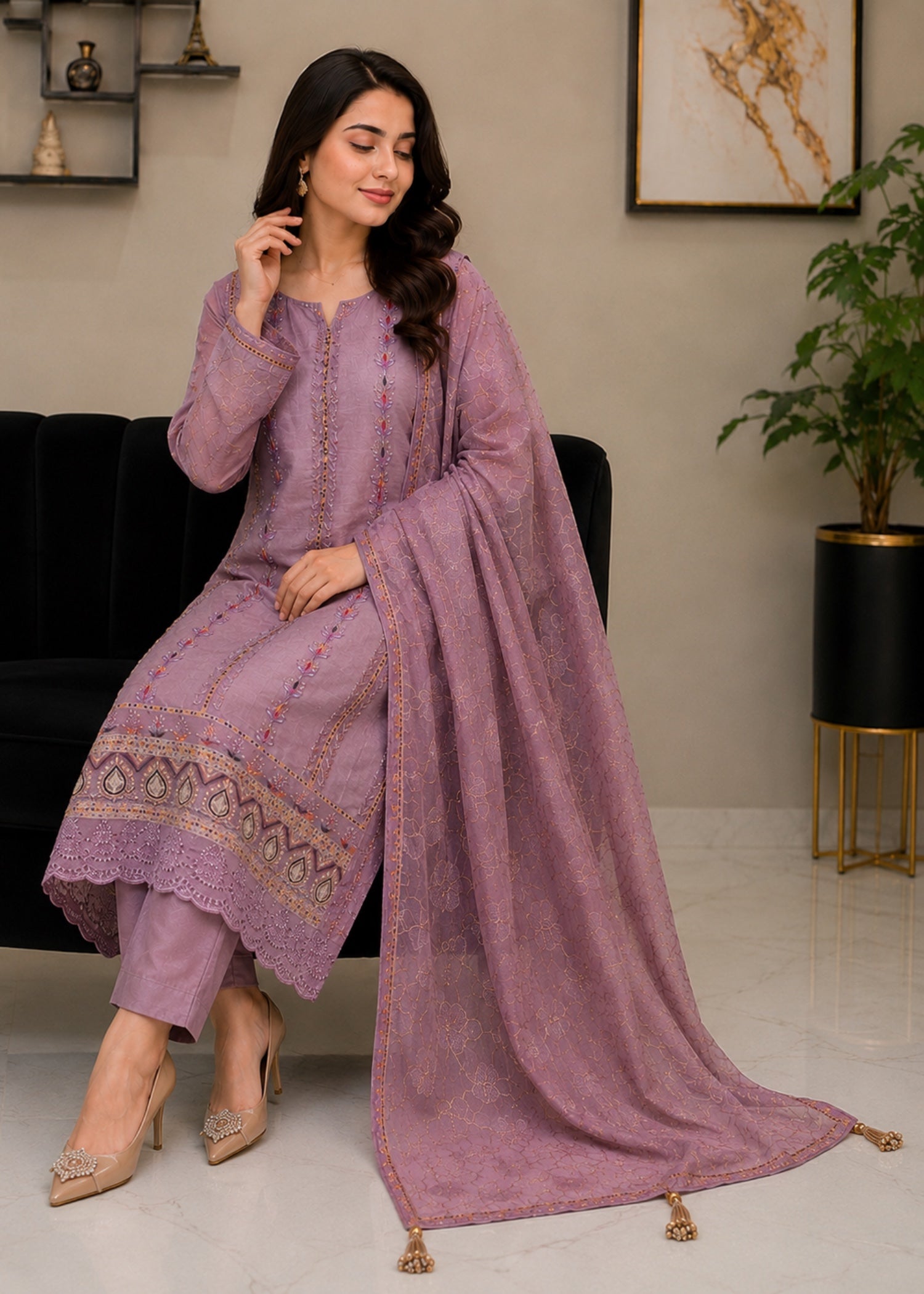 zari embroidered organza Kurta Set in Heathered lilac