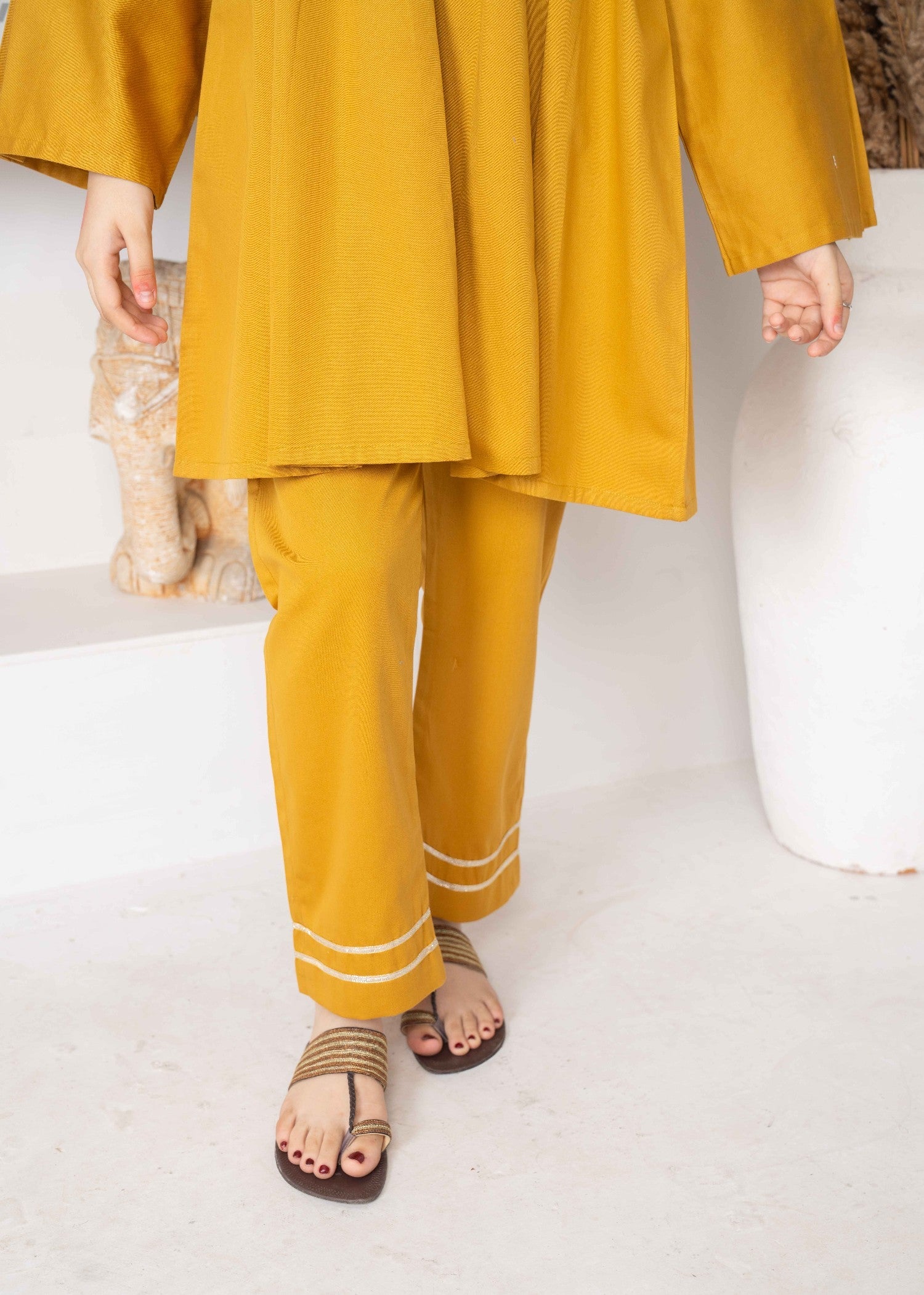 twill khaddar Short Frock in Autumn gold