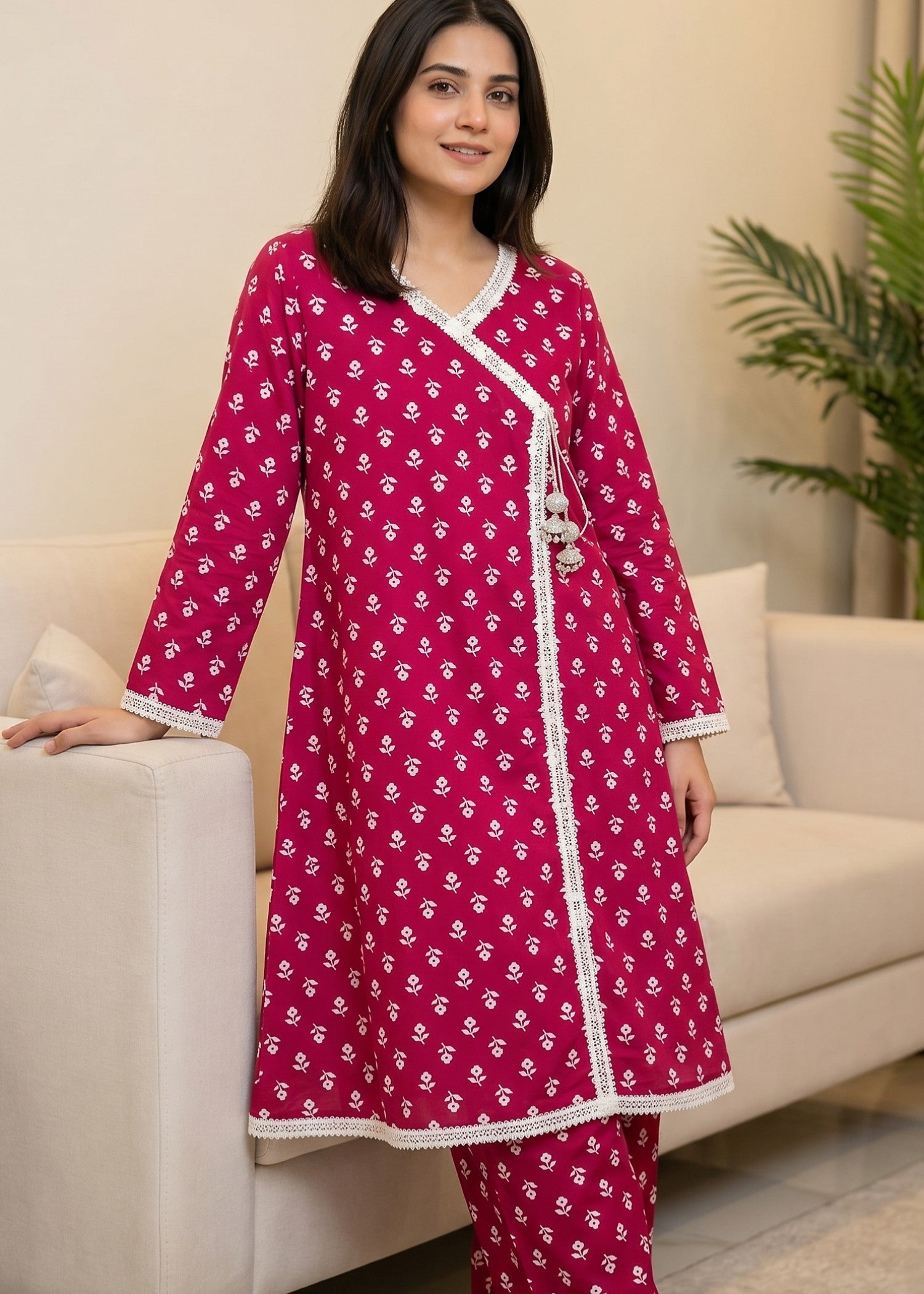 lawn Angrakha in Hot pink