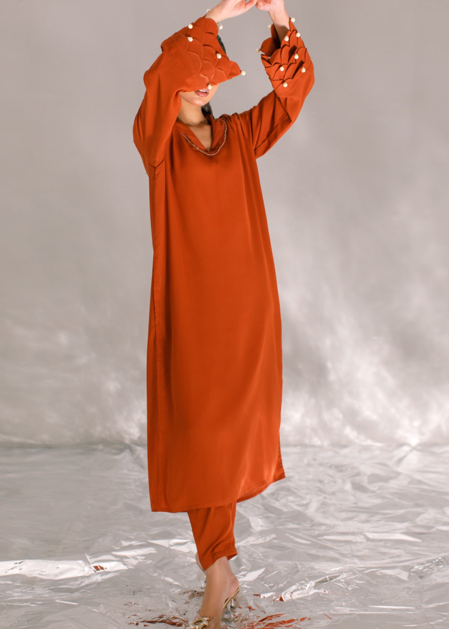 crepe georgette Kurta Set in Rust orange
