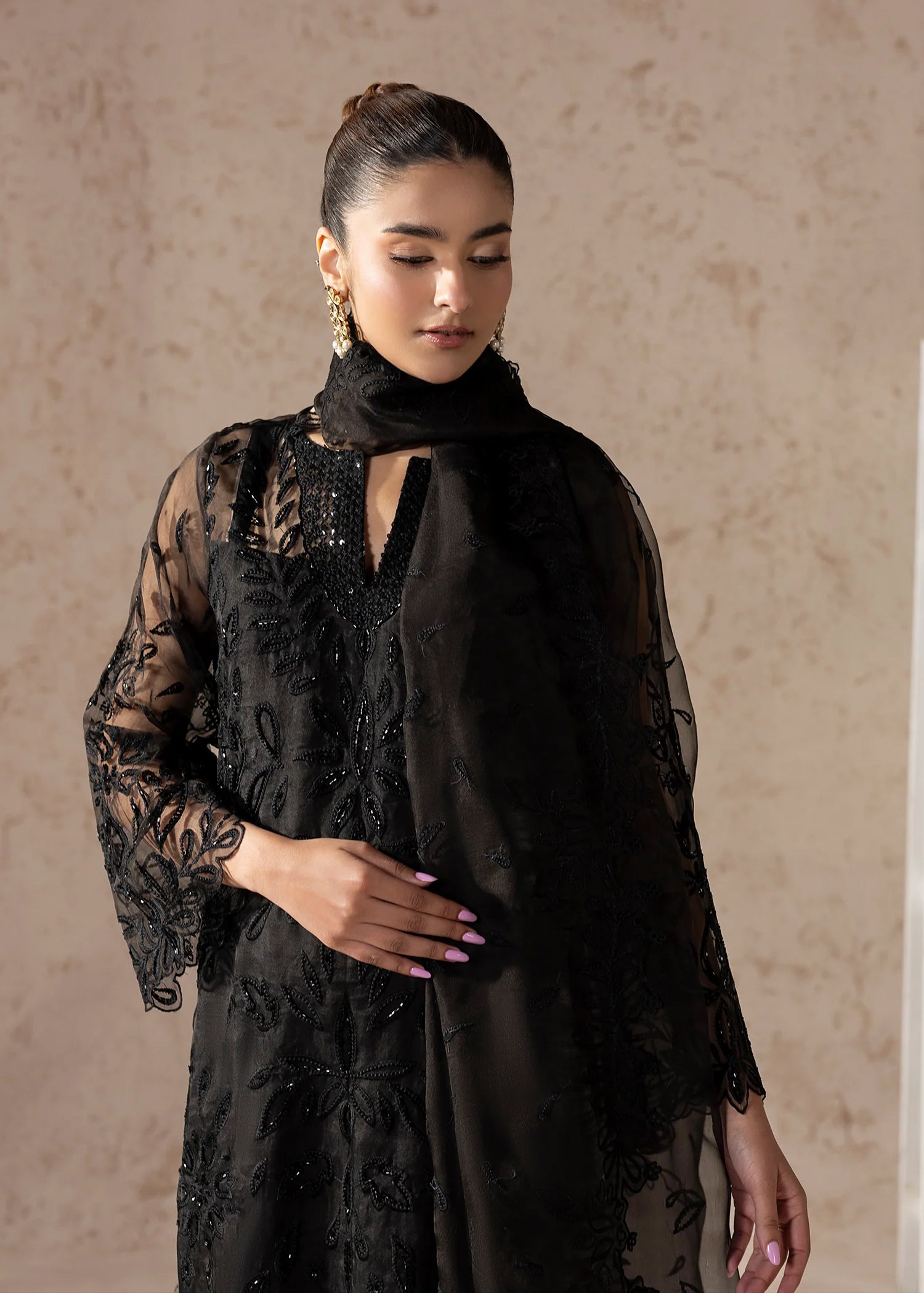 tissue Kurta Set in Black