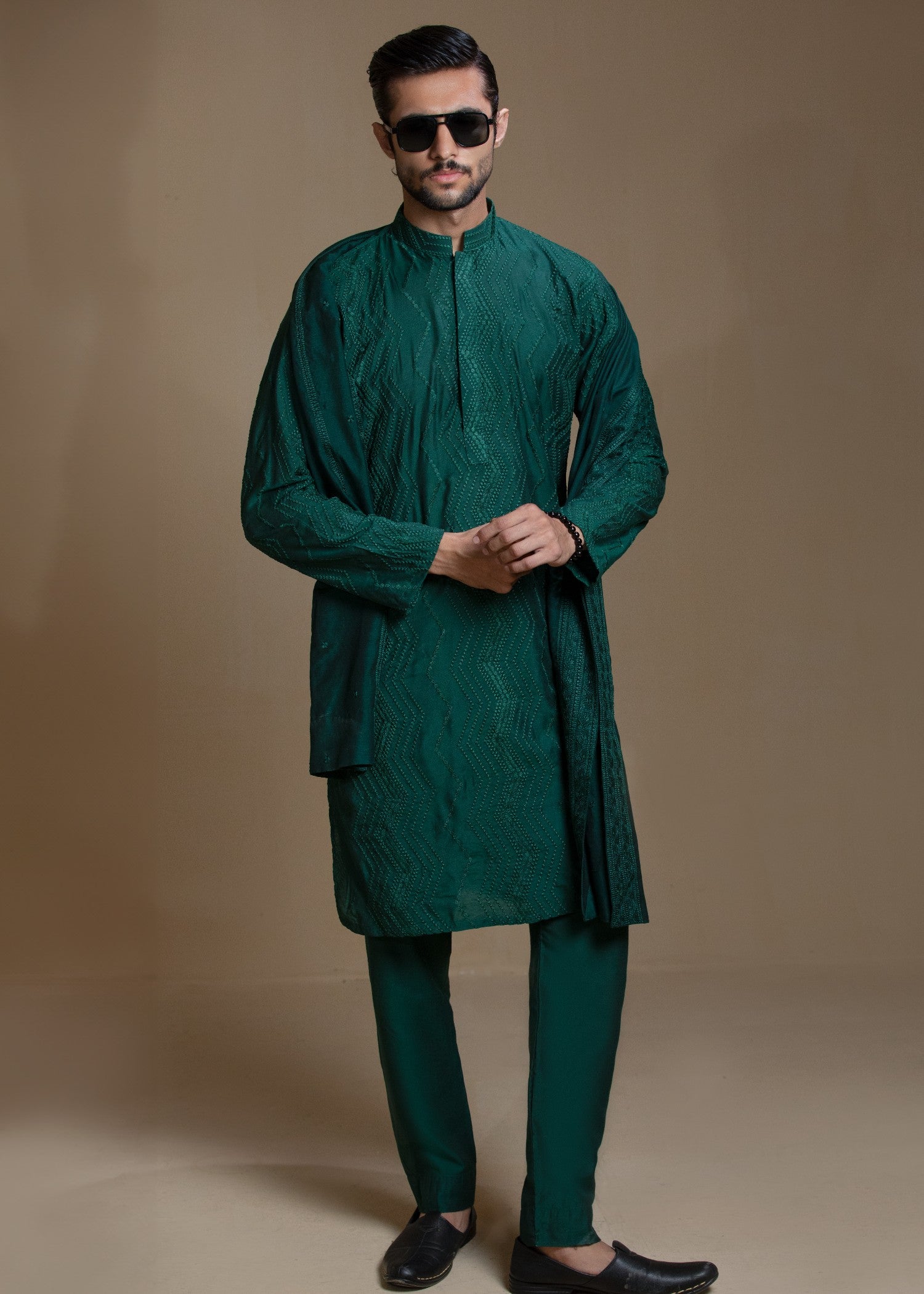cotton silk Kurta Set in Dark green