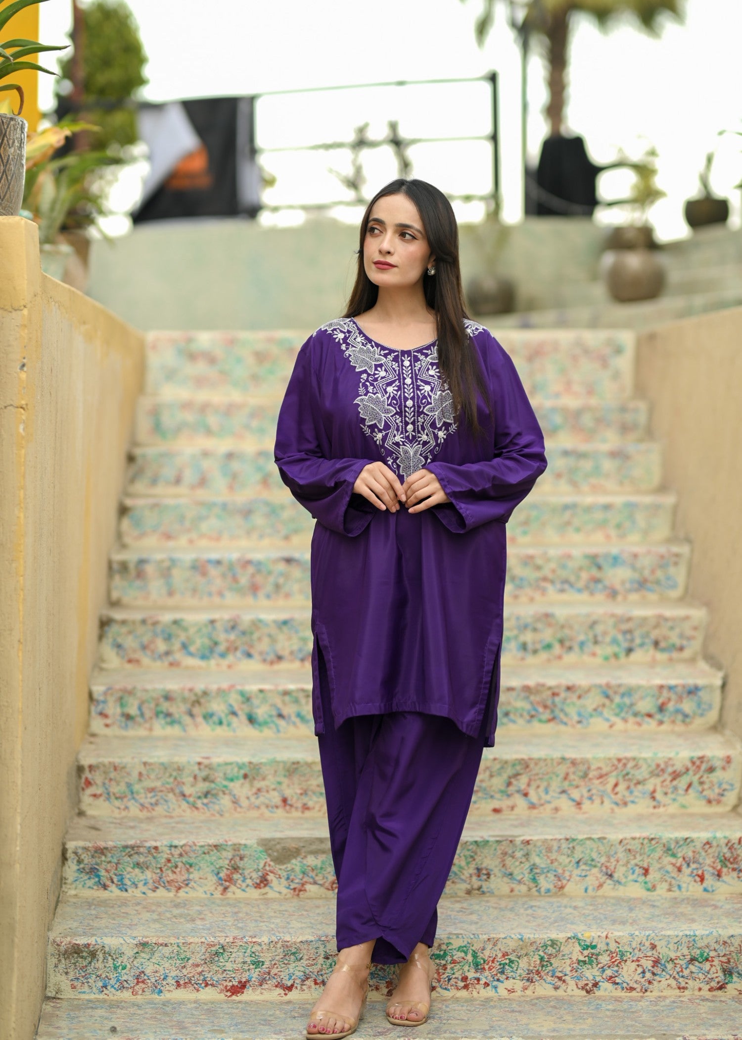 silk Kurta Set in Purple heart