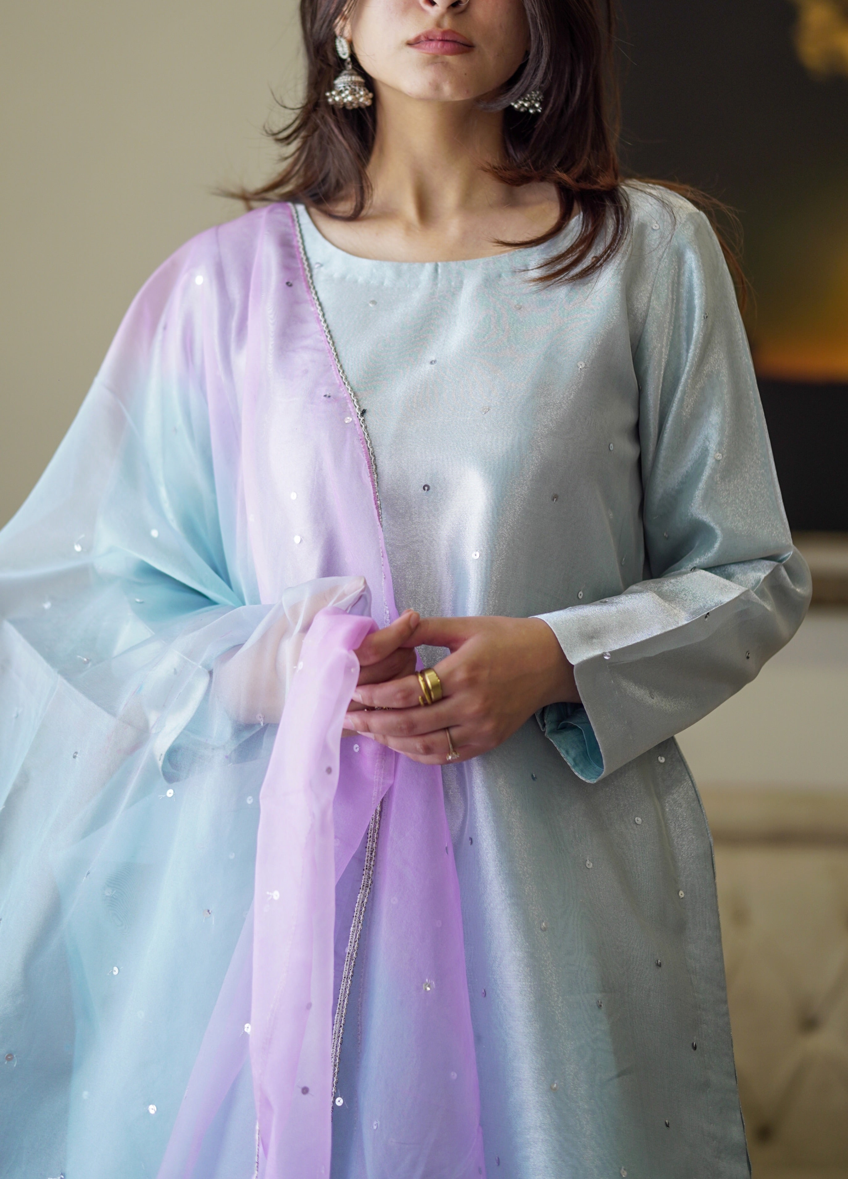 zari tissue Kurta Set in Ice blue