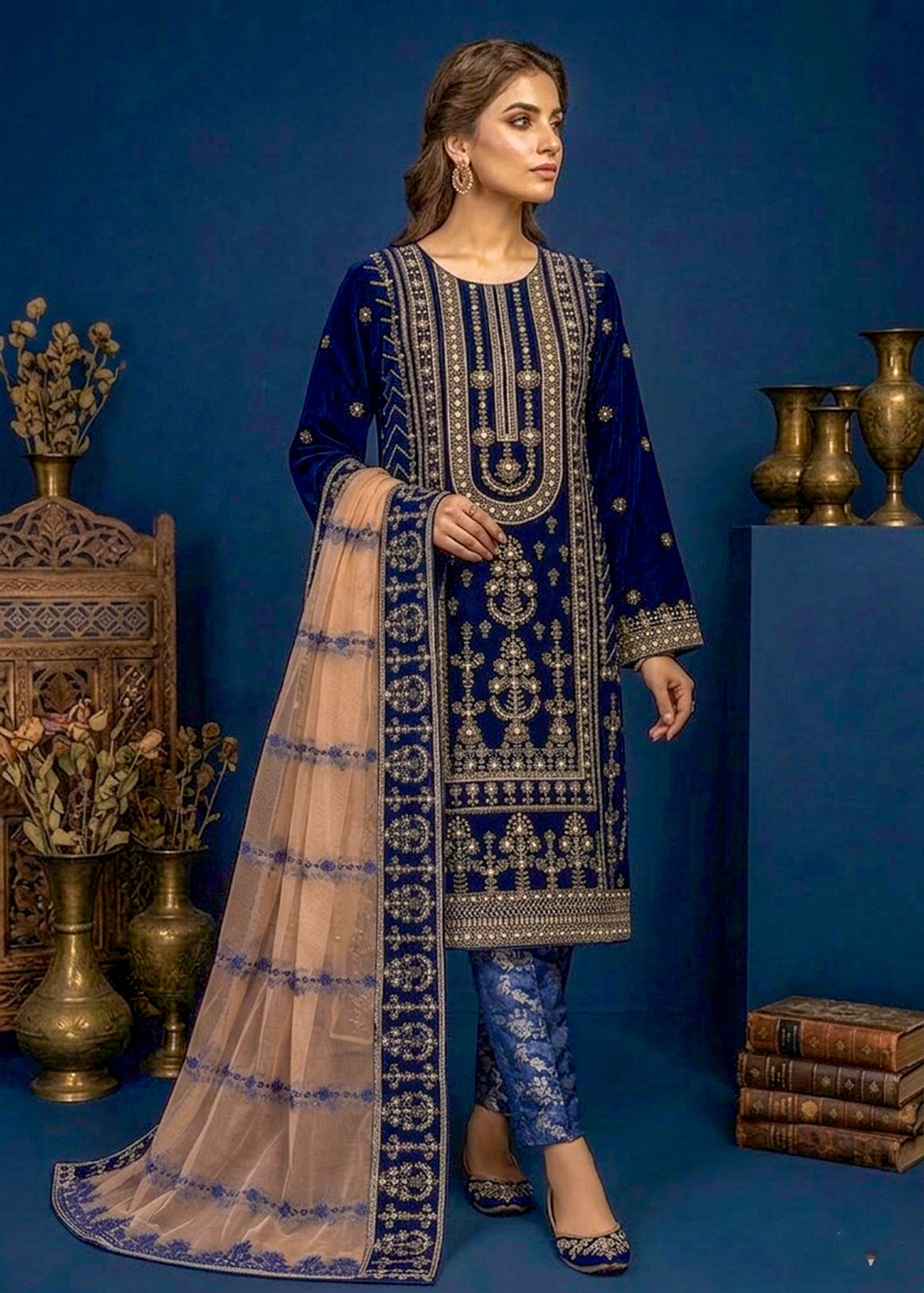 velvet Kurta Set in Navy blue