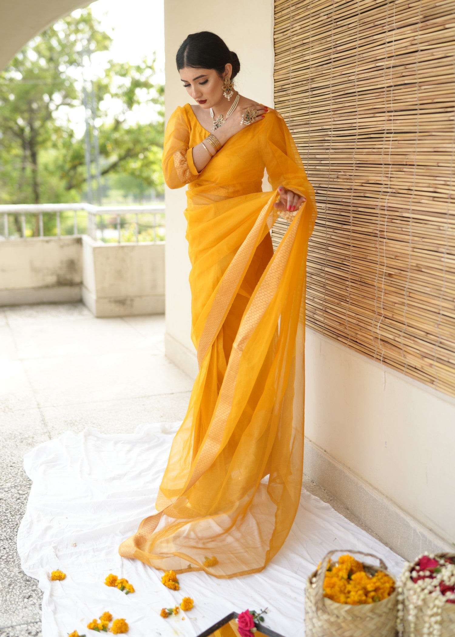 zari organza Saree in Mari gold