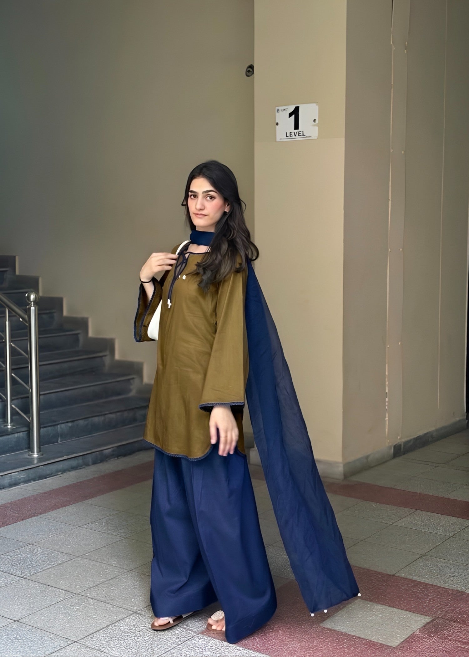 linen Kurta Set in Walnut brown, navy blue