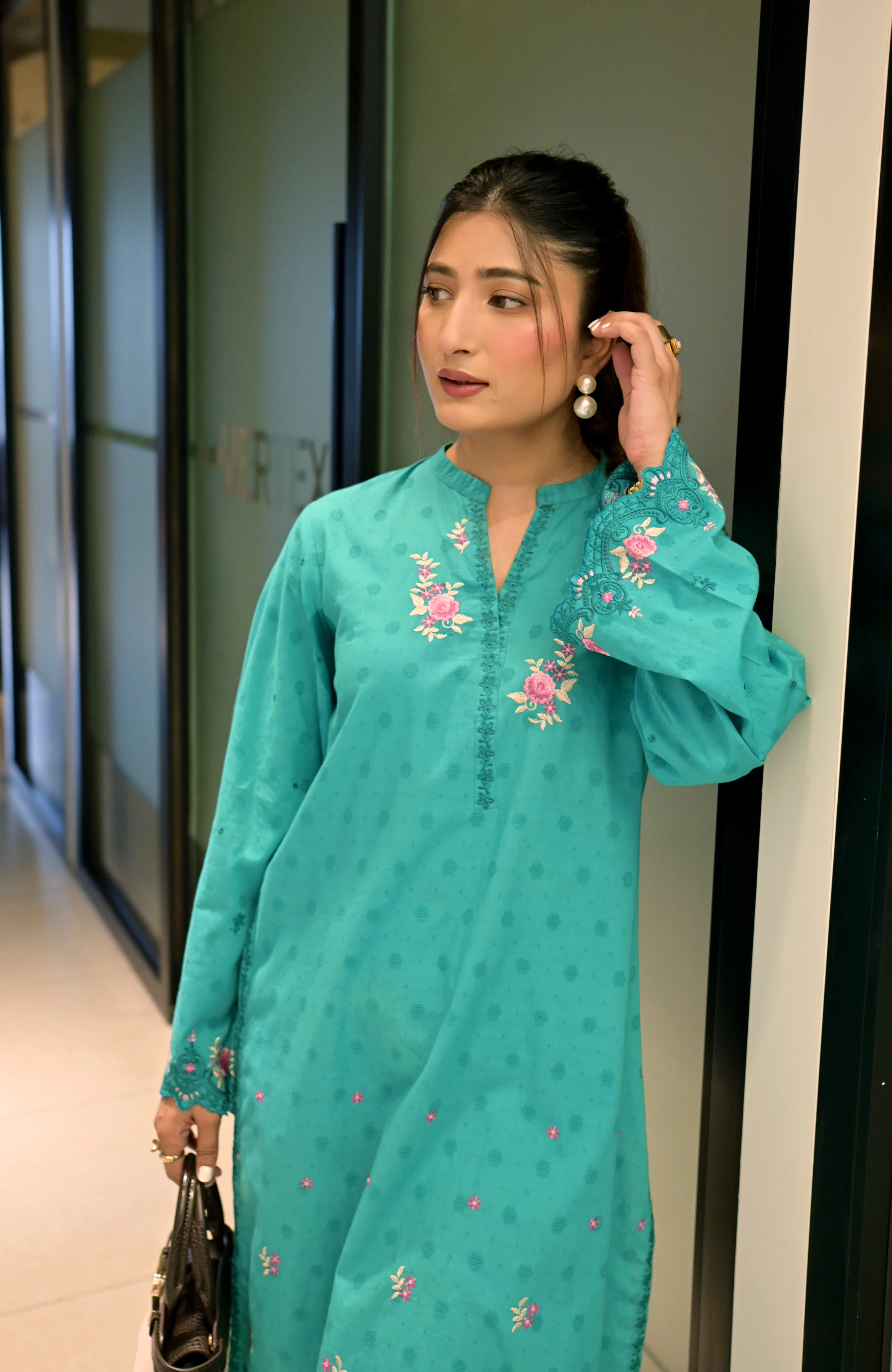 jacquard Kurti in Sea green