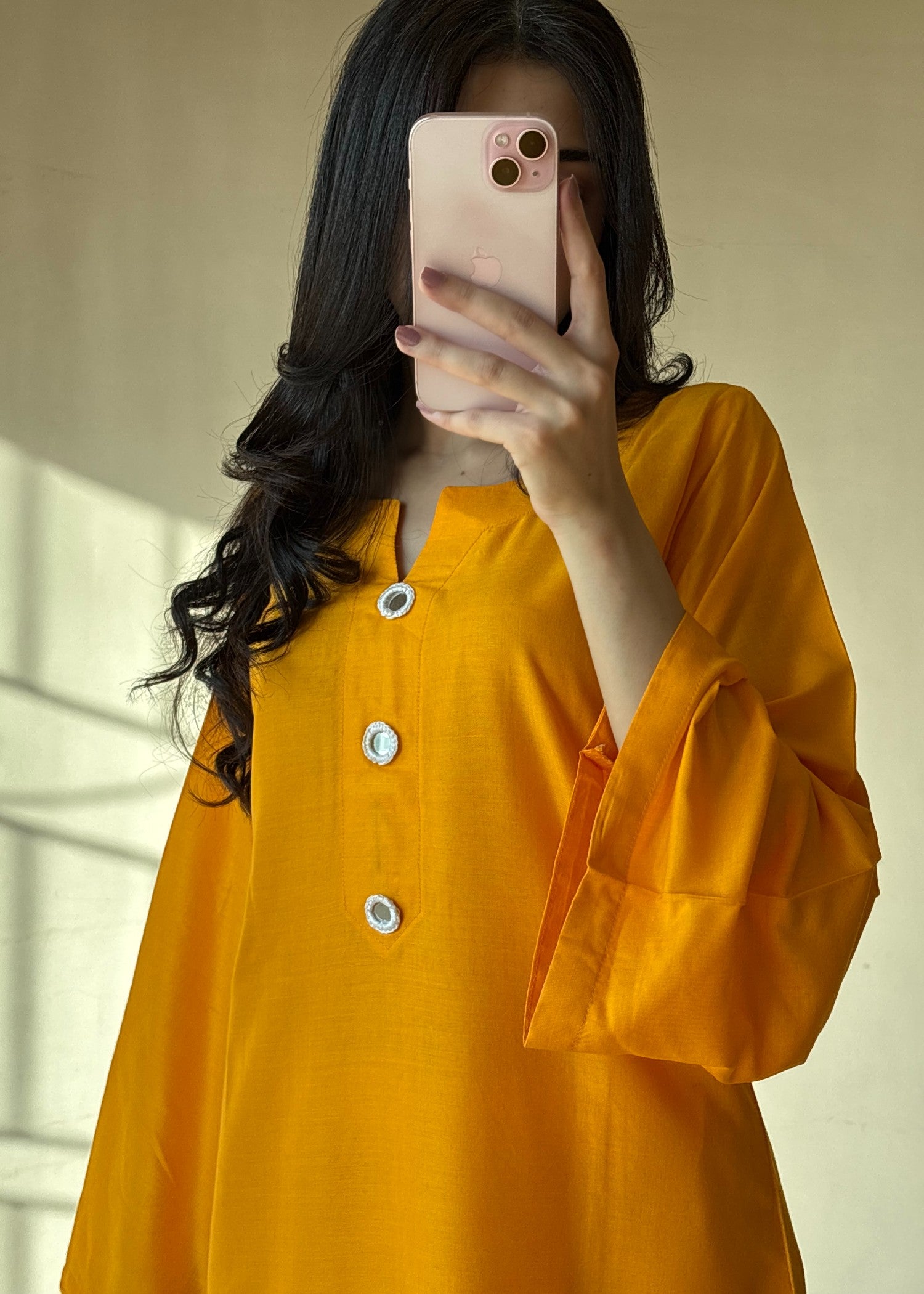 linen Kurta Set in Yellow, white