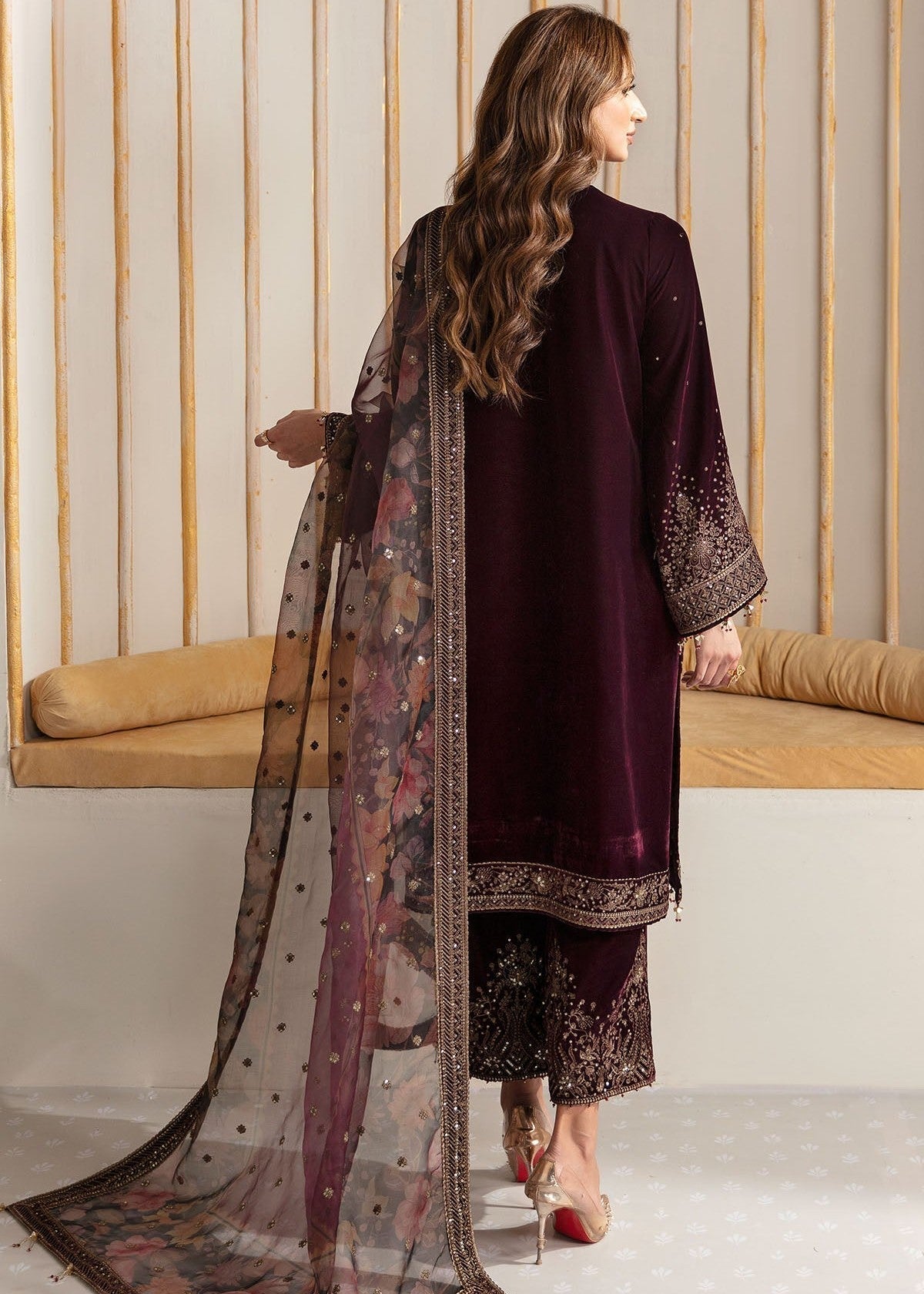 velvet Kurta Set in Plum