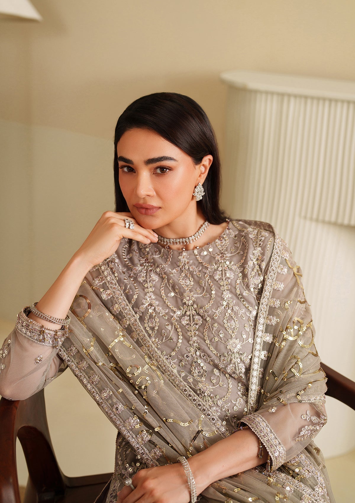 khaddi net Kurta Set in Silver