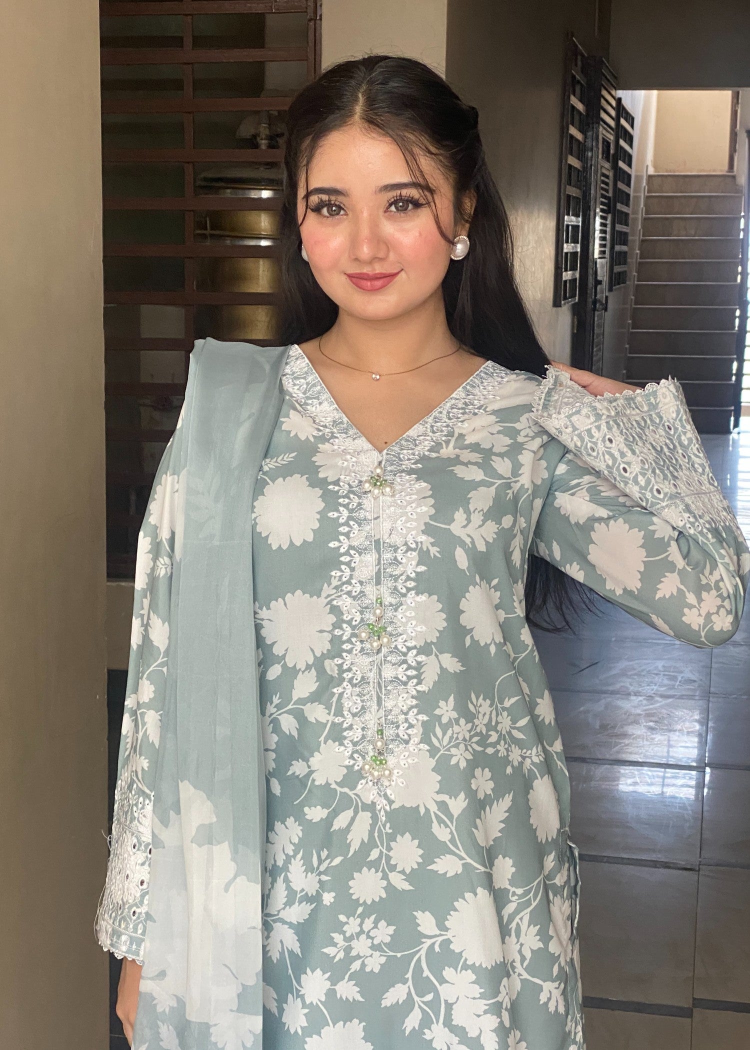 cotton silk Kurta Set in Slate grey