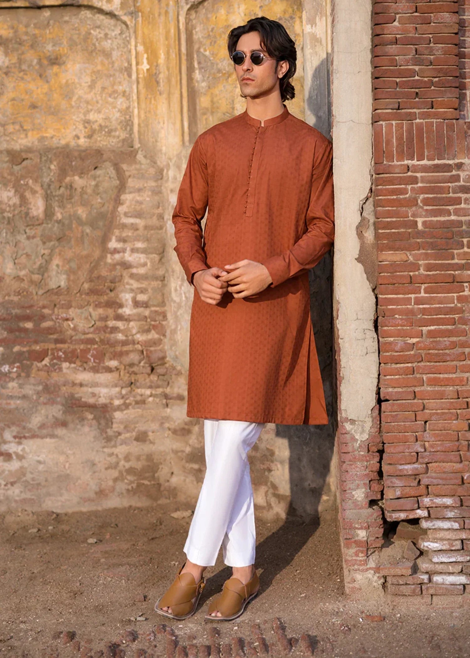 cotton jacquard Kurta in Rust orange