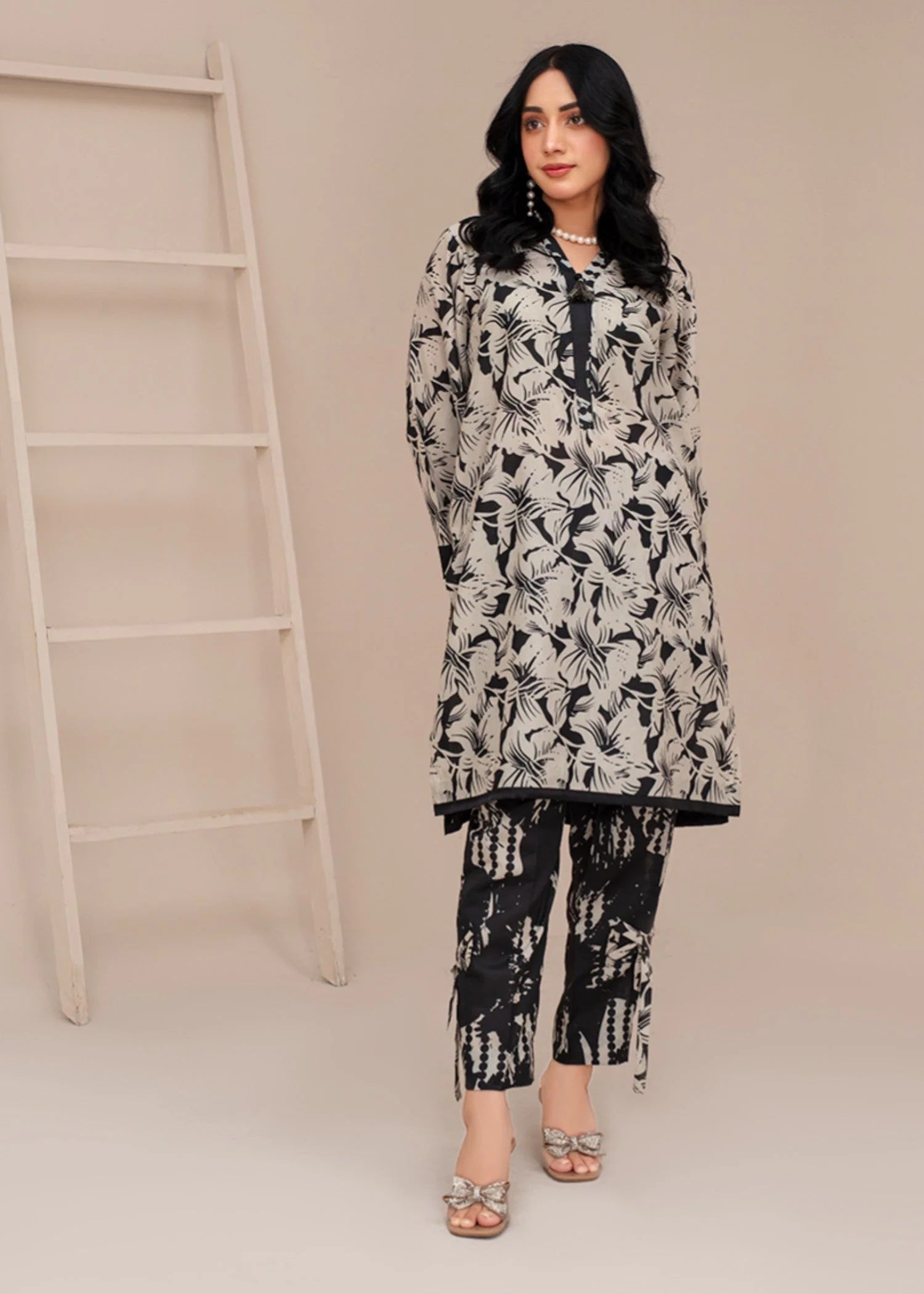 poly lawn Kurta Set in Off-white, black