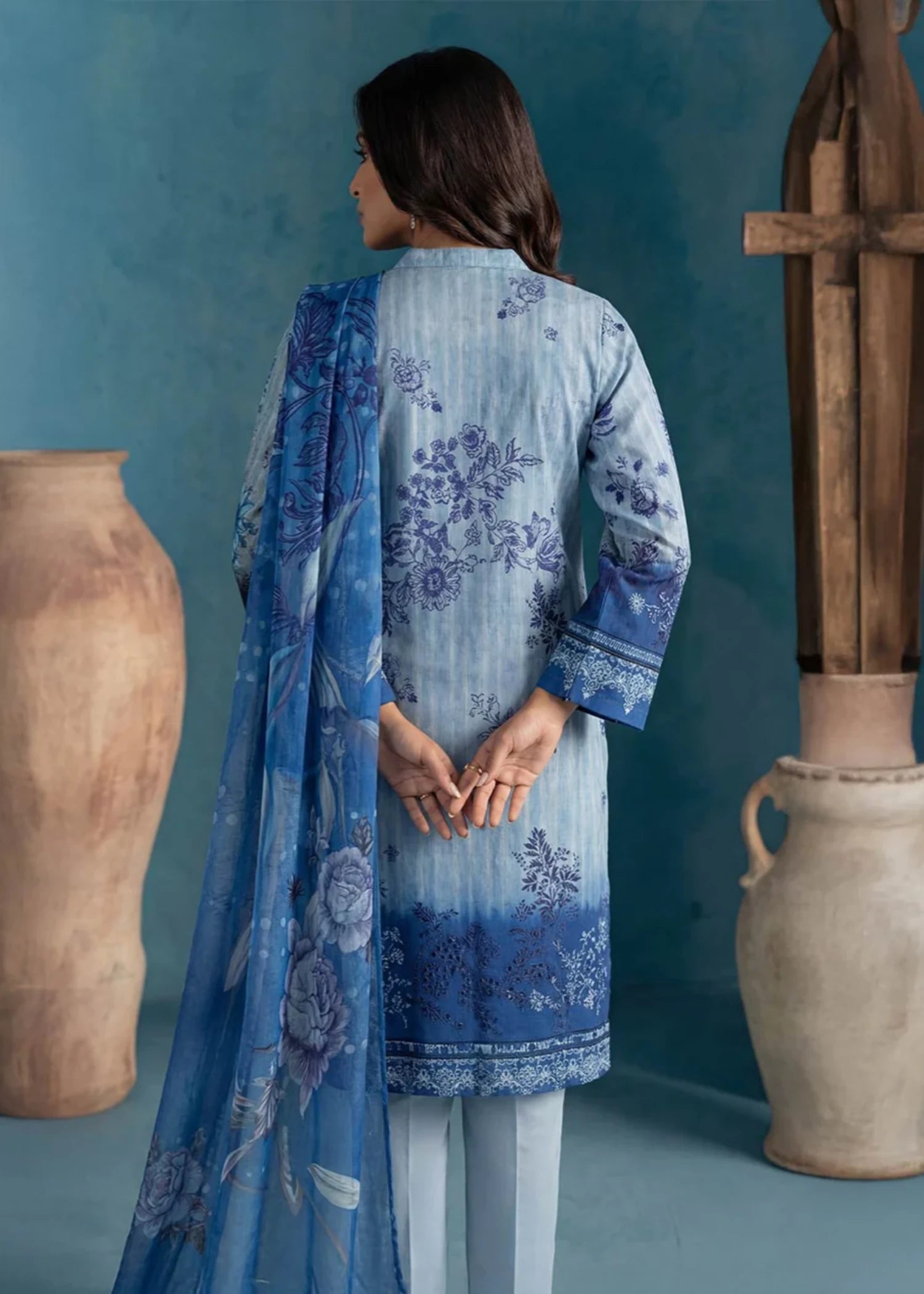 lawn Unstitched in Light blue, royal blue