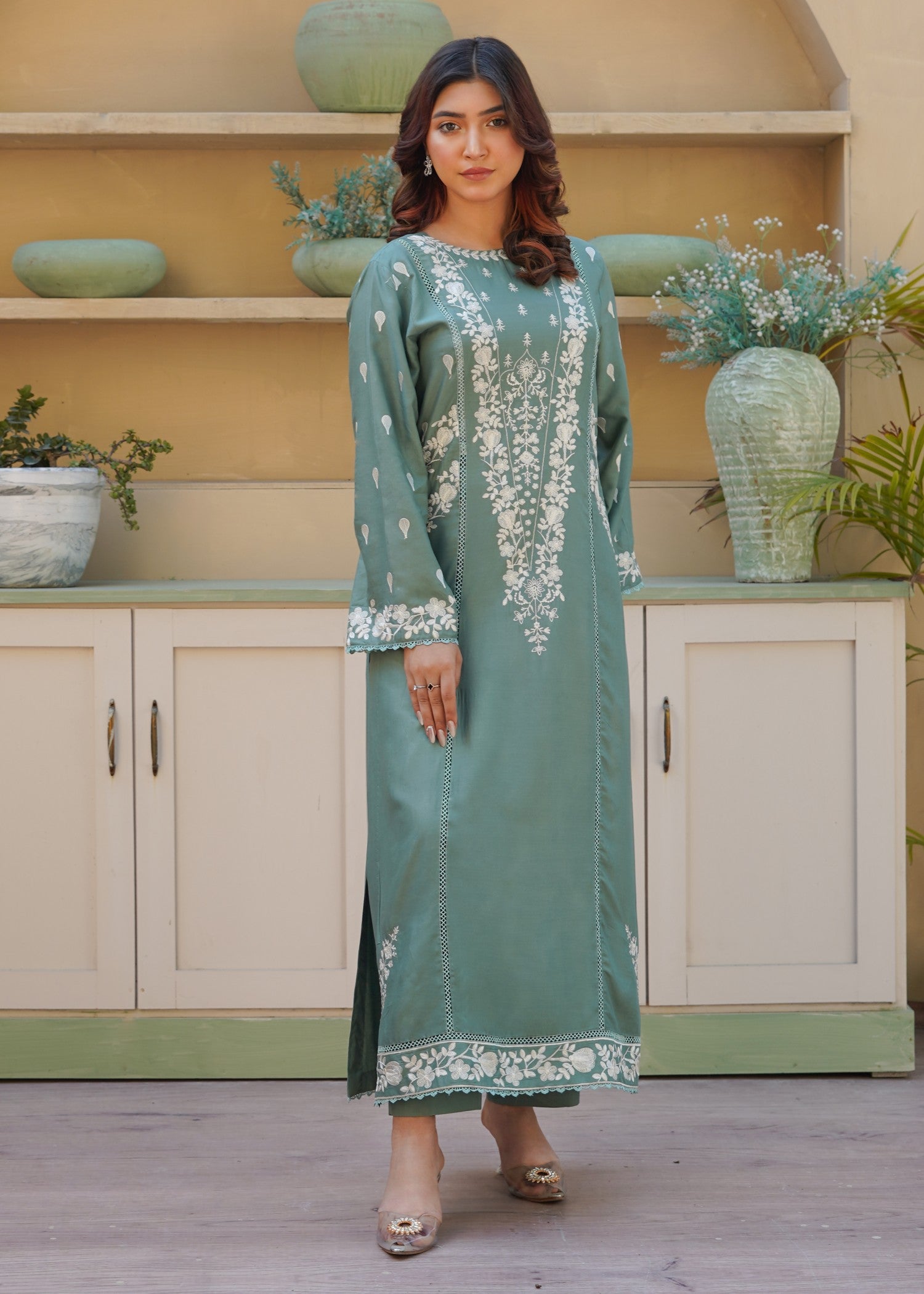 arabic lawn Kurta Set in Sage green