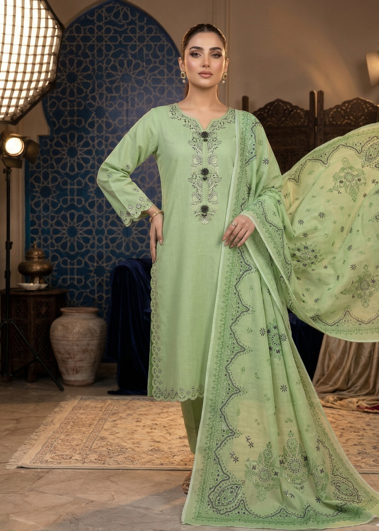 cambric cotton Kurta Set in Pistachio green