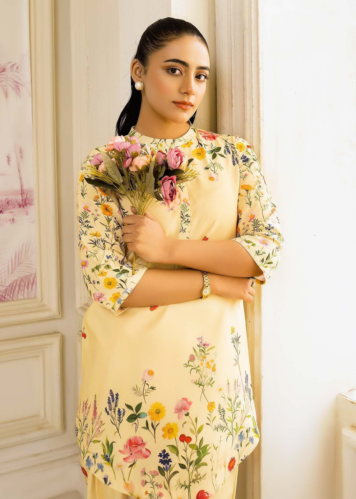 silk finish lawn Co Ord Sets in Lemon