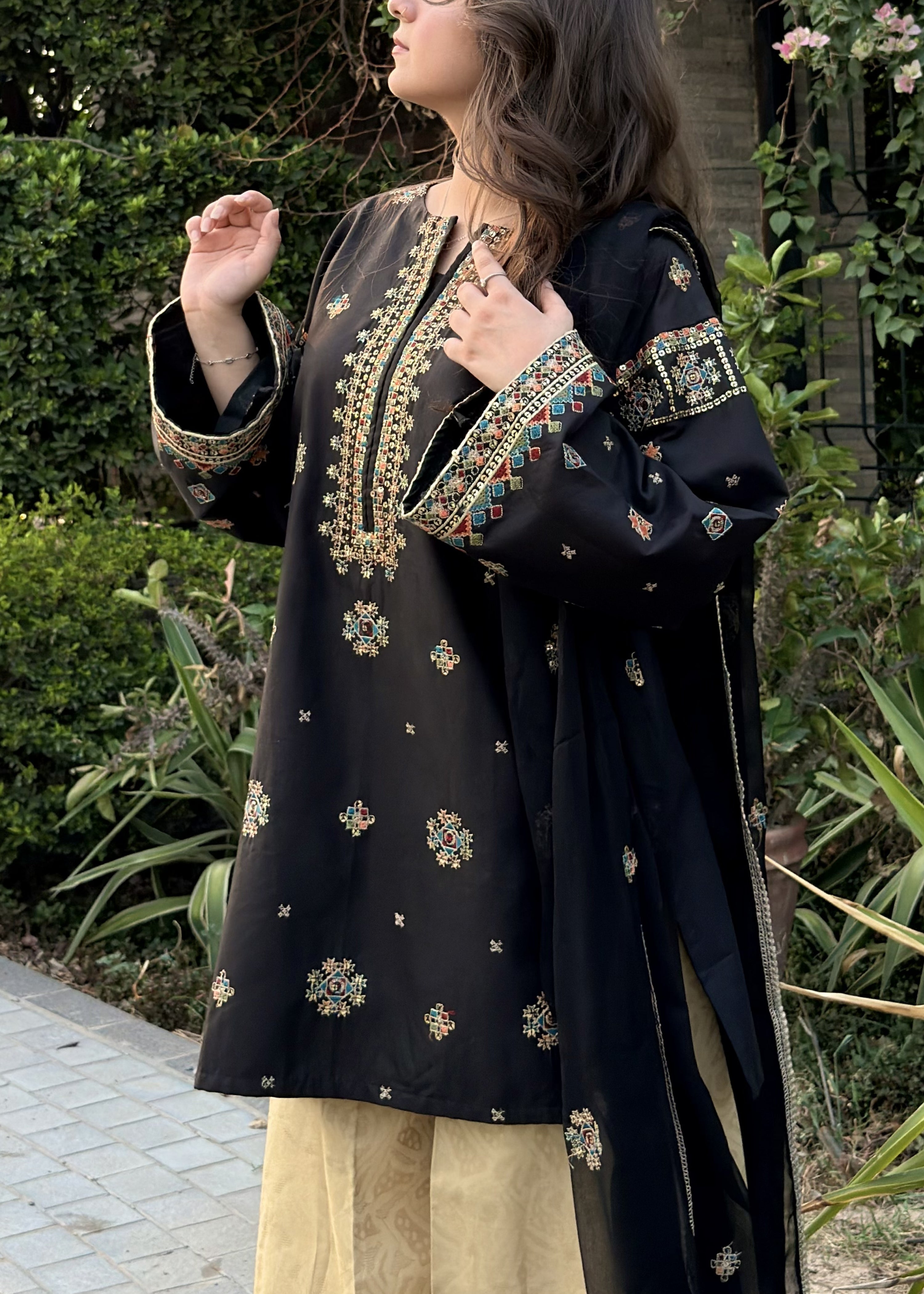 cambric Kurta Set in Black