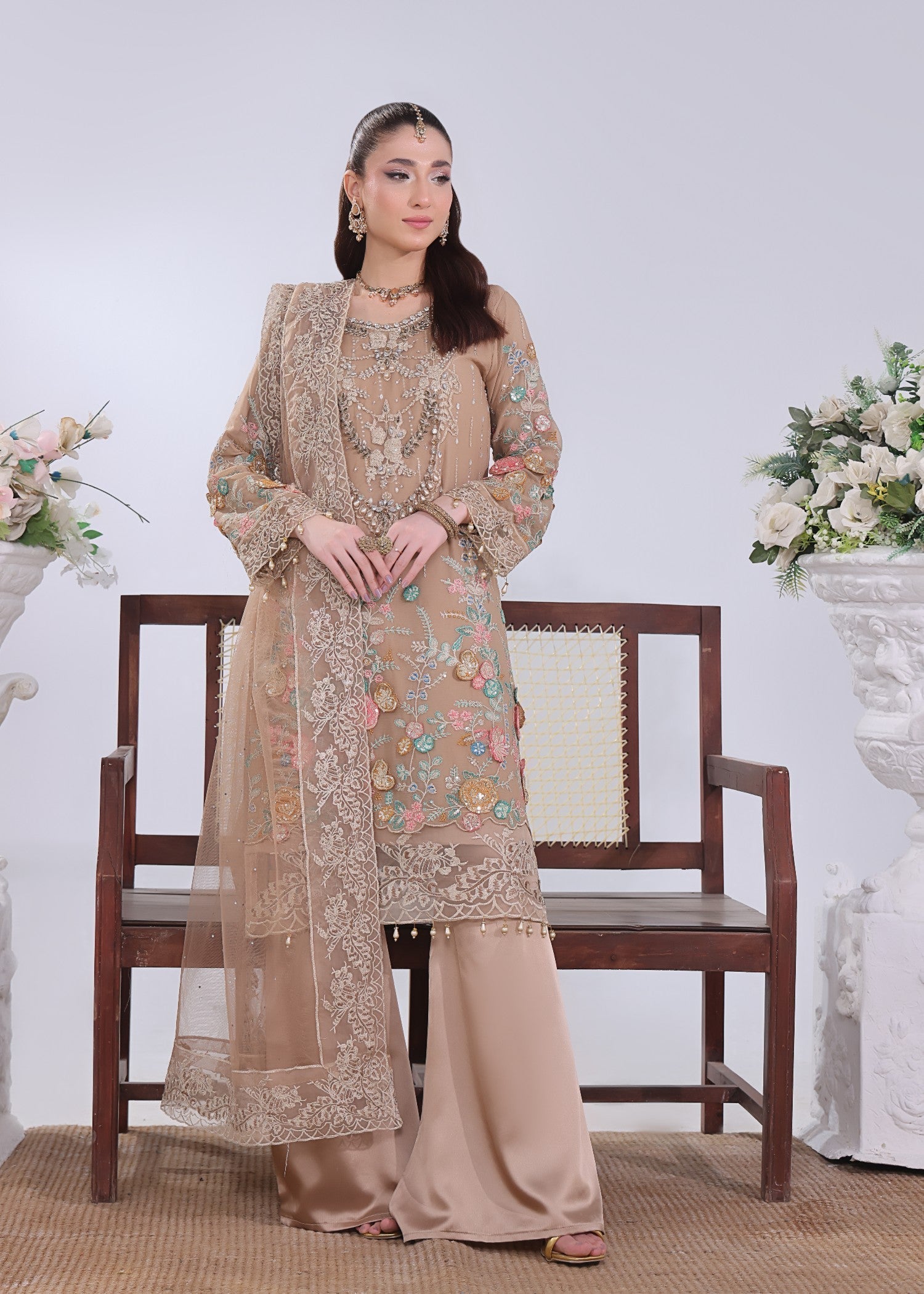 chiffon Kurta Set in Camel brown