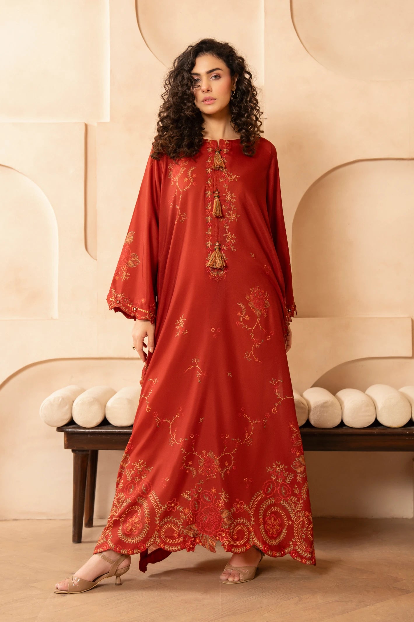 zari lawn Kaftan in Red