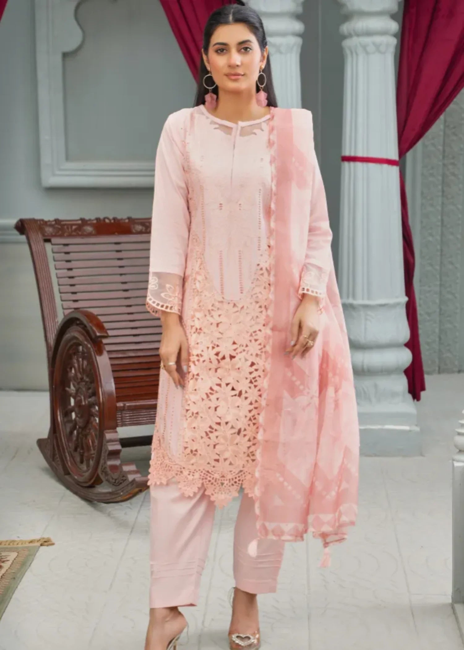 cambric cotton Kurta Set in Peach pink