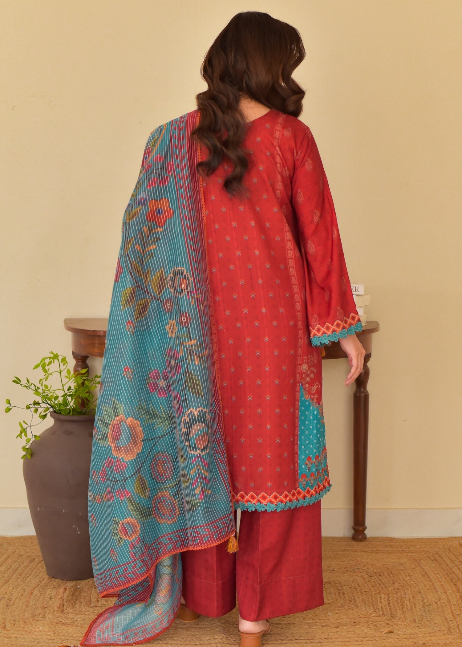 slub cambric Kurta Set in Red