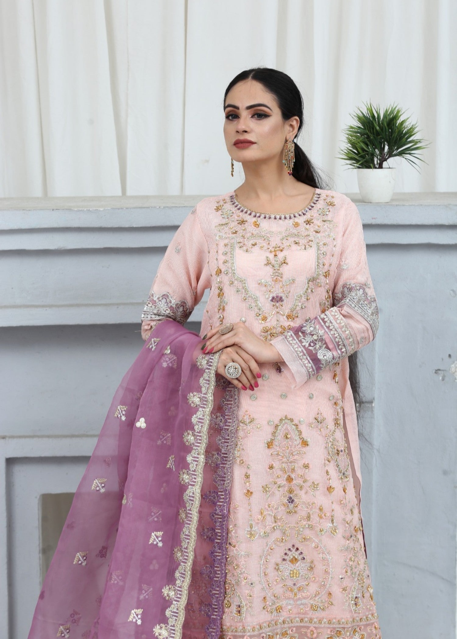 khaddi net Kurta Set in Cherry blossom pink