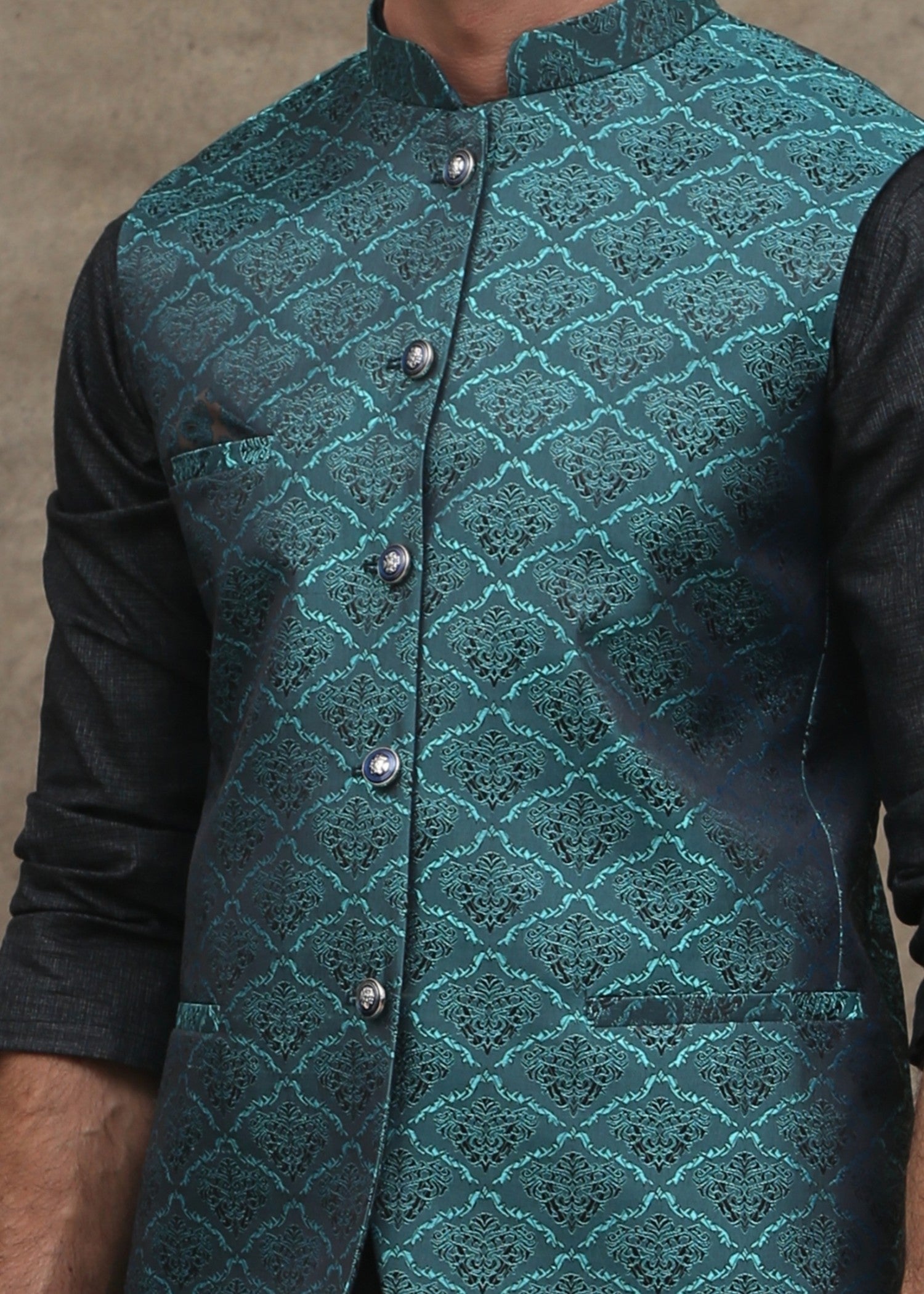 jamawar Waistcoat in Sea green by Maqsood Garments
