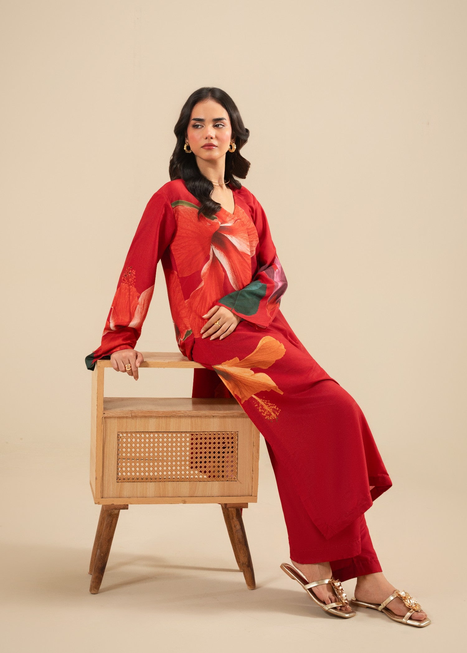 korean raw silk Kurta Set in Red
