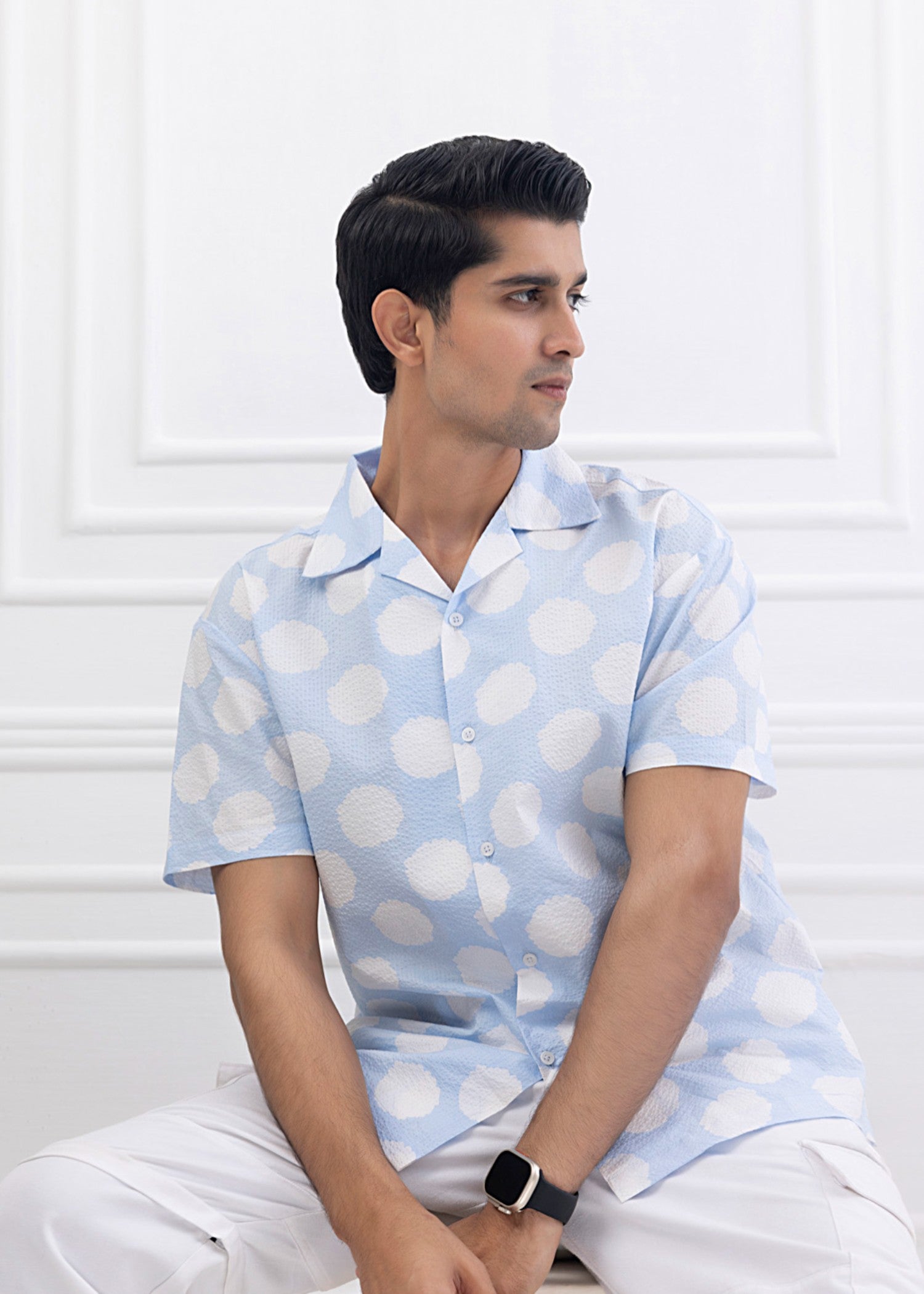 cotton Casual Shirt in Off-white, ice blue