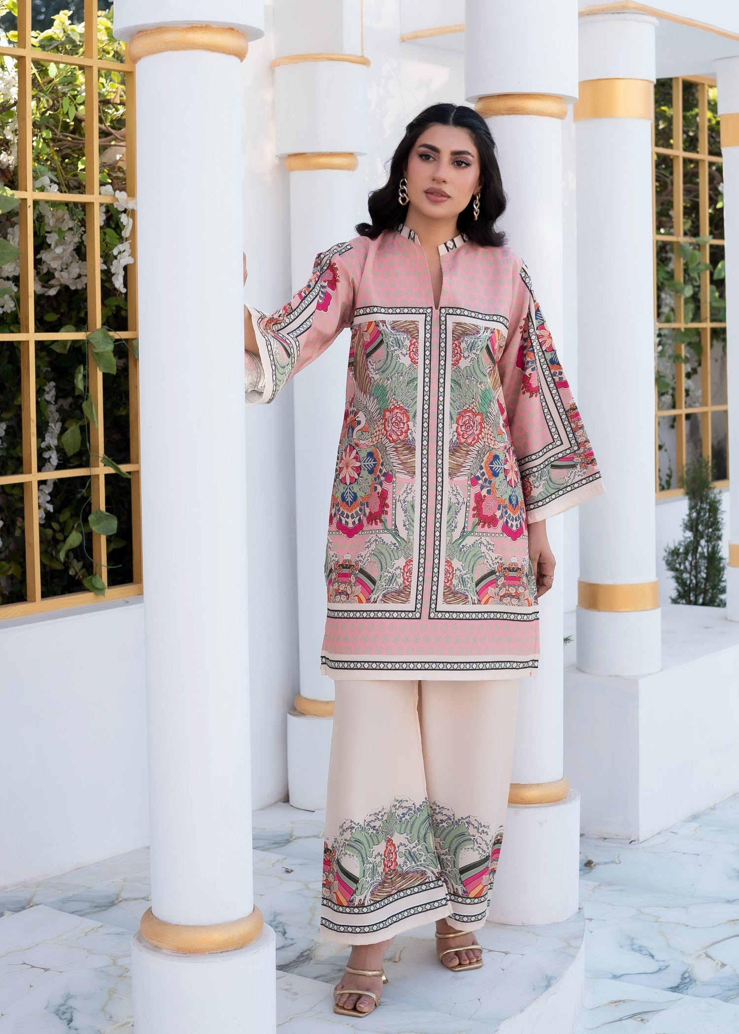 poly lawn Kurta Set in Baby pink, multi