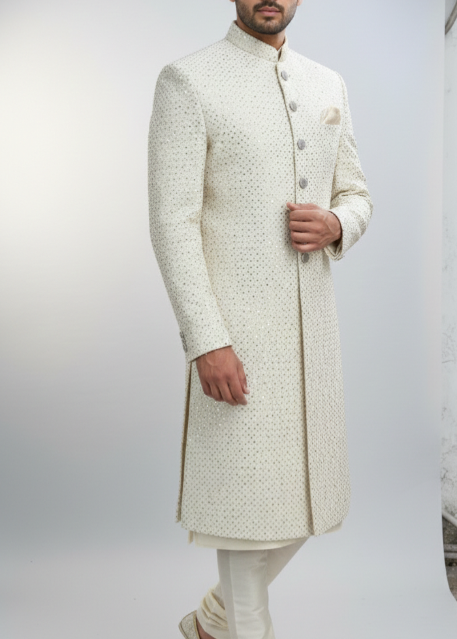 silk Sherwani in White, gold
