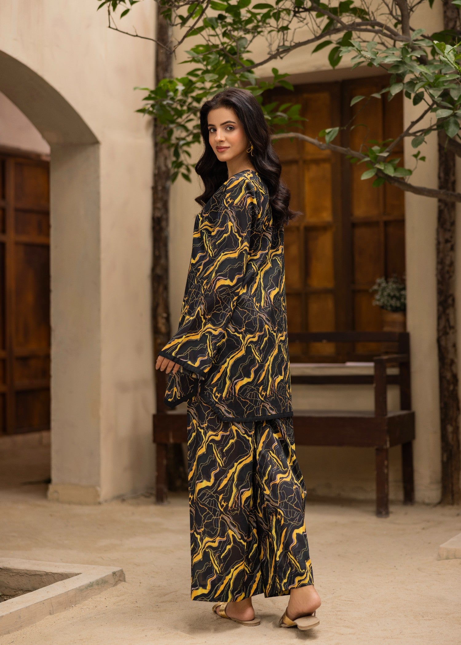 lawn Co Ord Sets in Charcoal black, mari gold