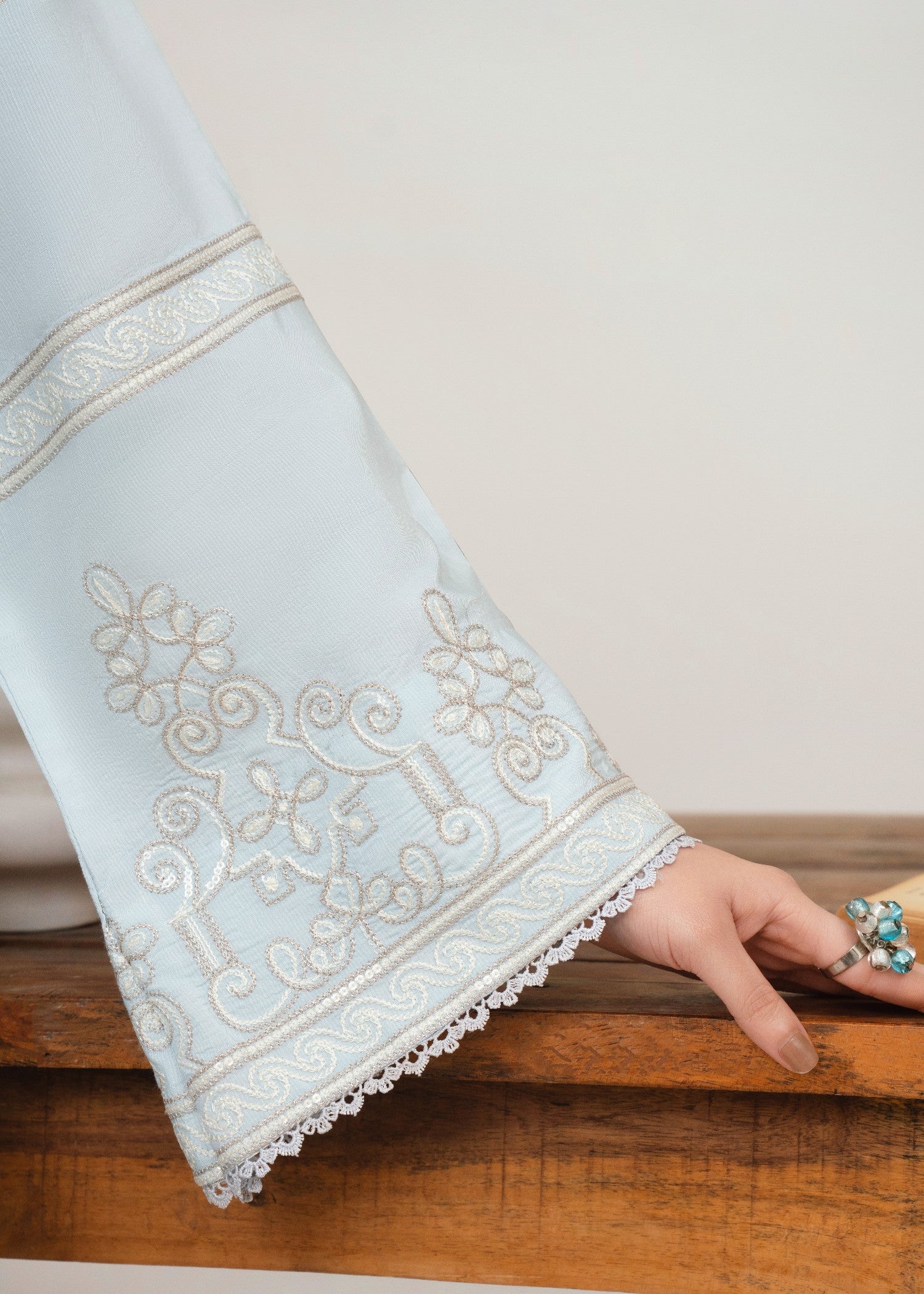 raw silk Kurta Set in Silver, ice blue