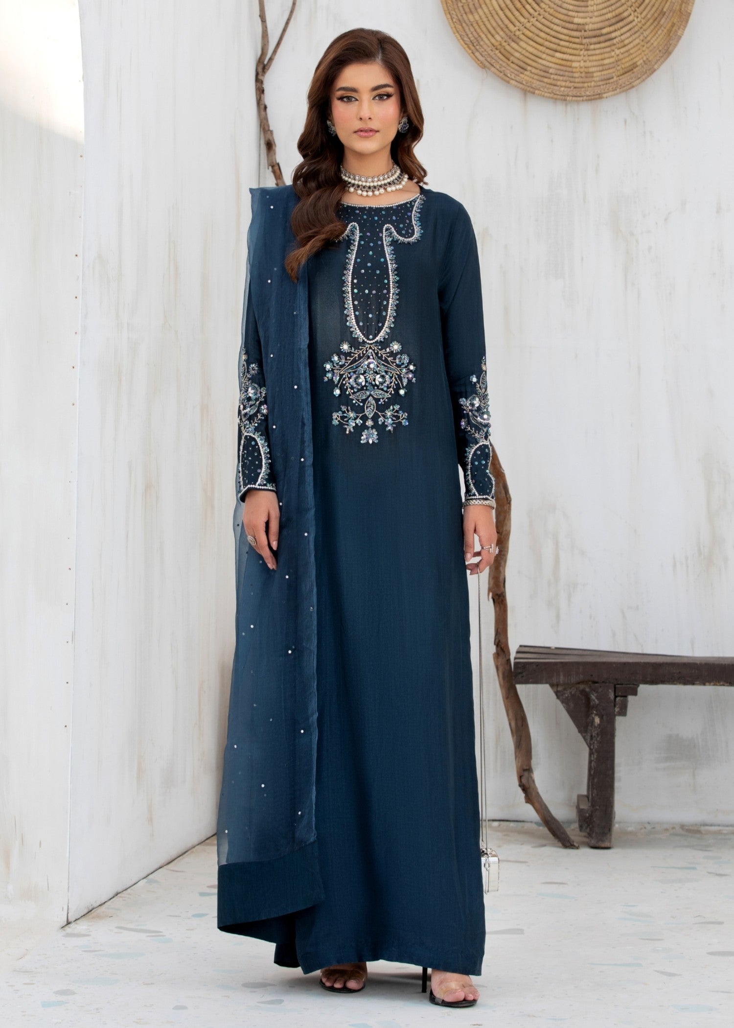 korean raw silk Kurta Set in Midnight blue