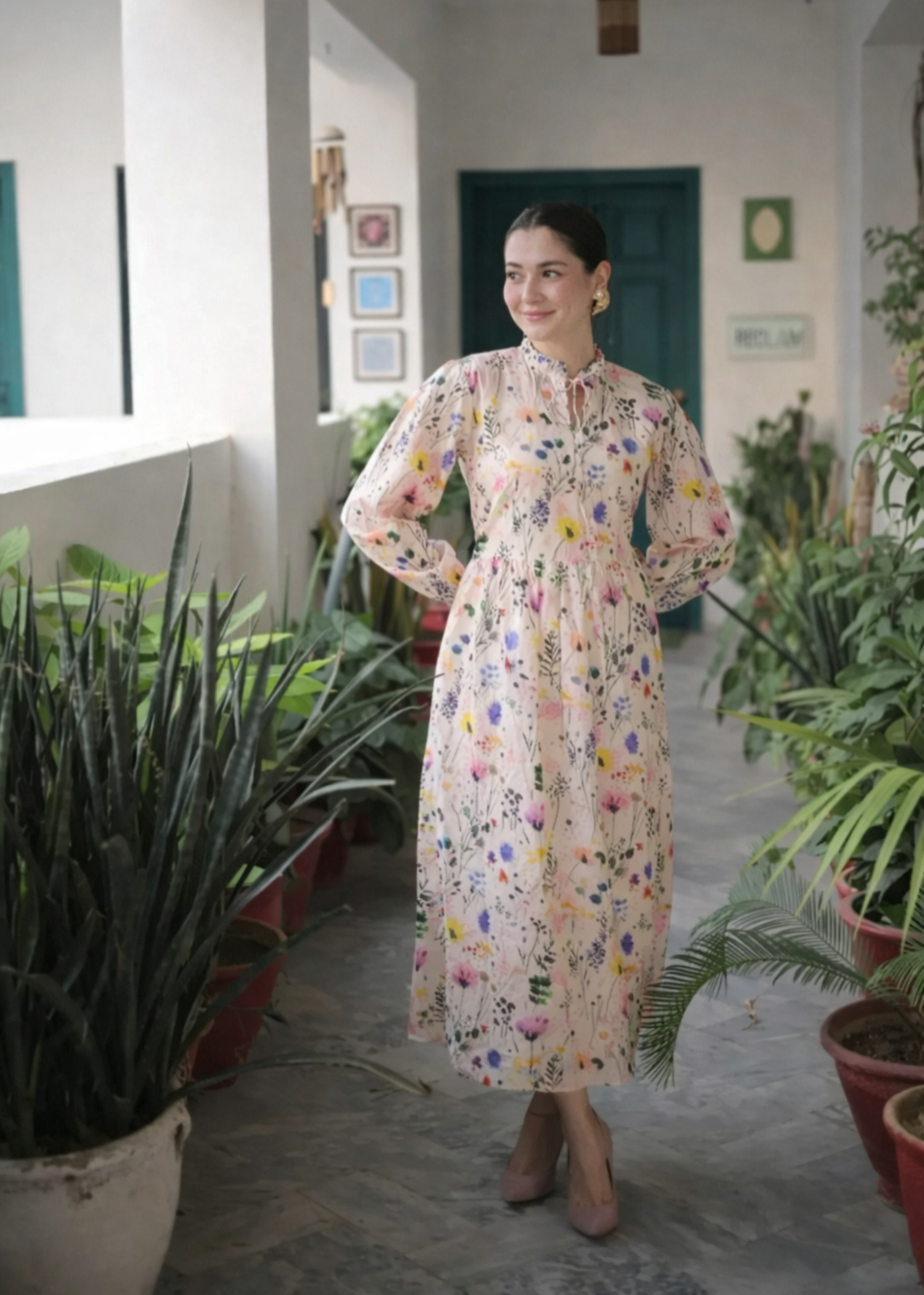 lawn Dress in Cream, pink