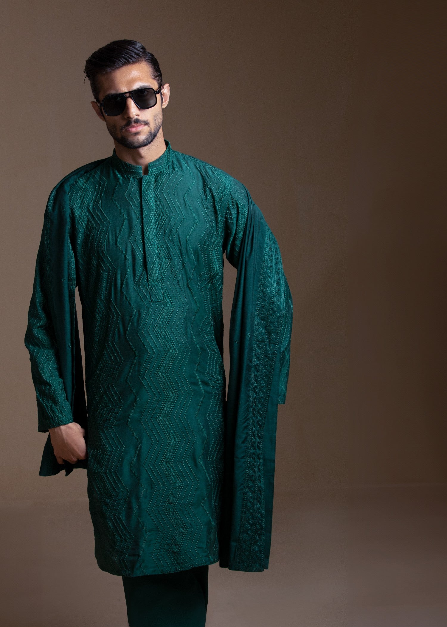 cotton silk Kurta Set in Dark green