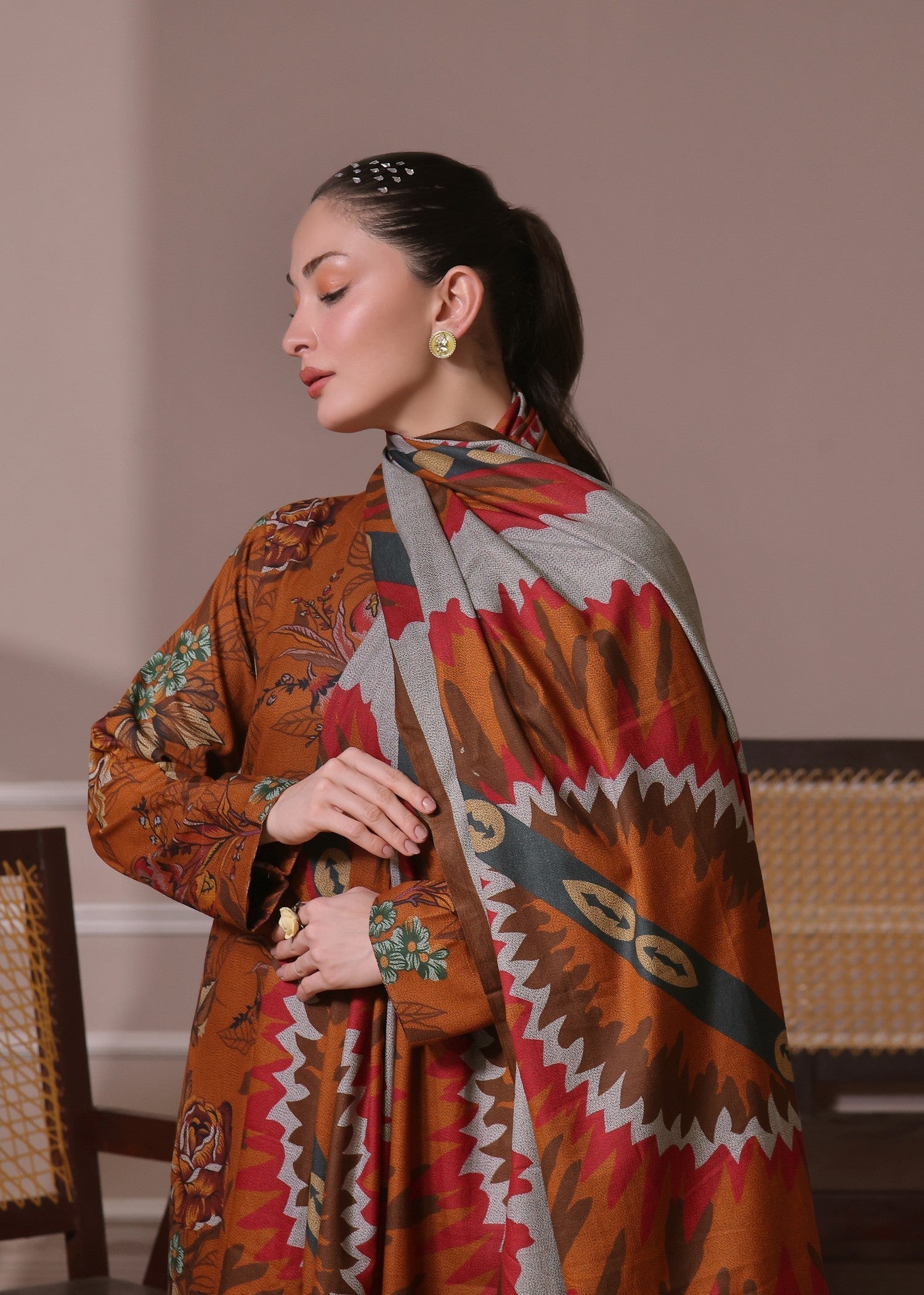 twill khaddar Kurta Set in Dark coral