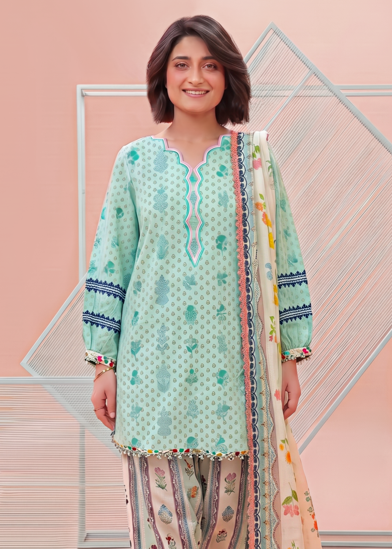 lawn Unstitched in Mint green, turquoise