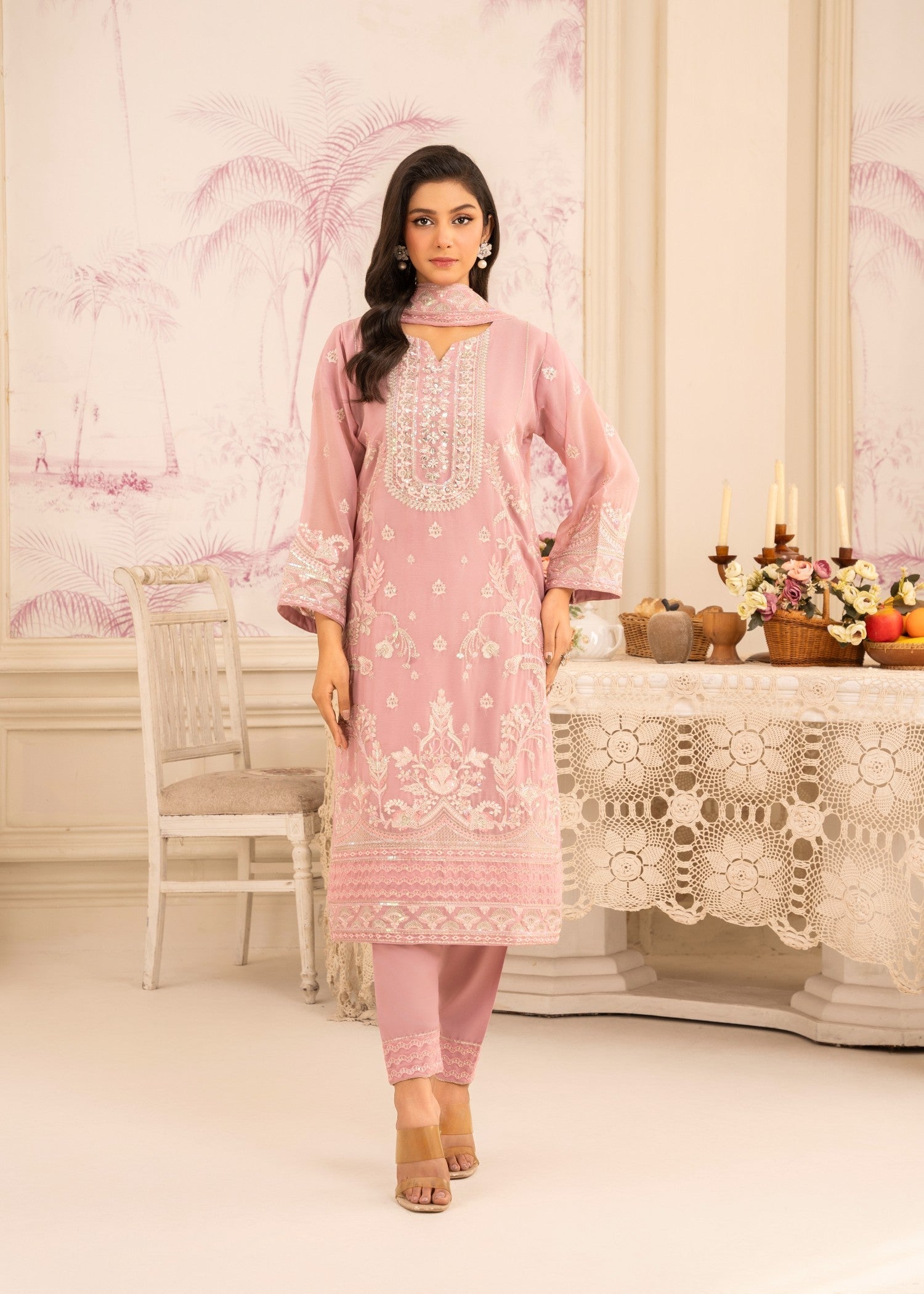 chiffon Kurta Set in Indian pink