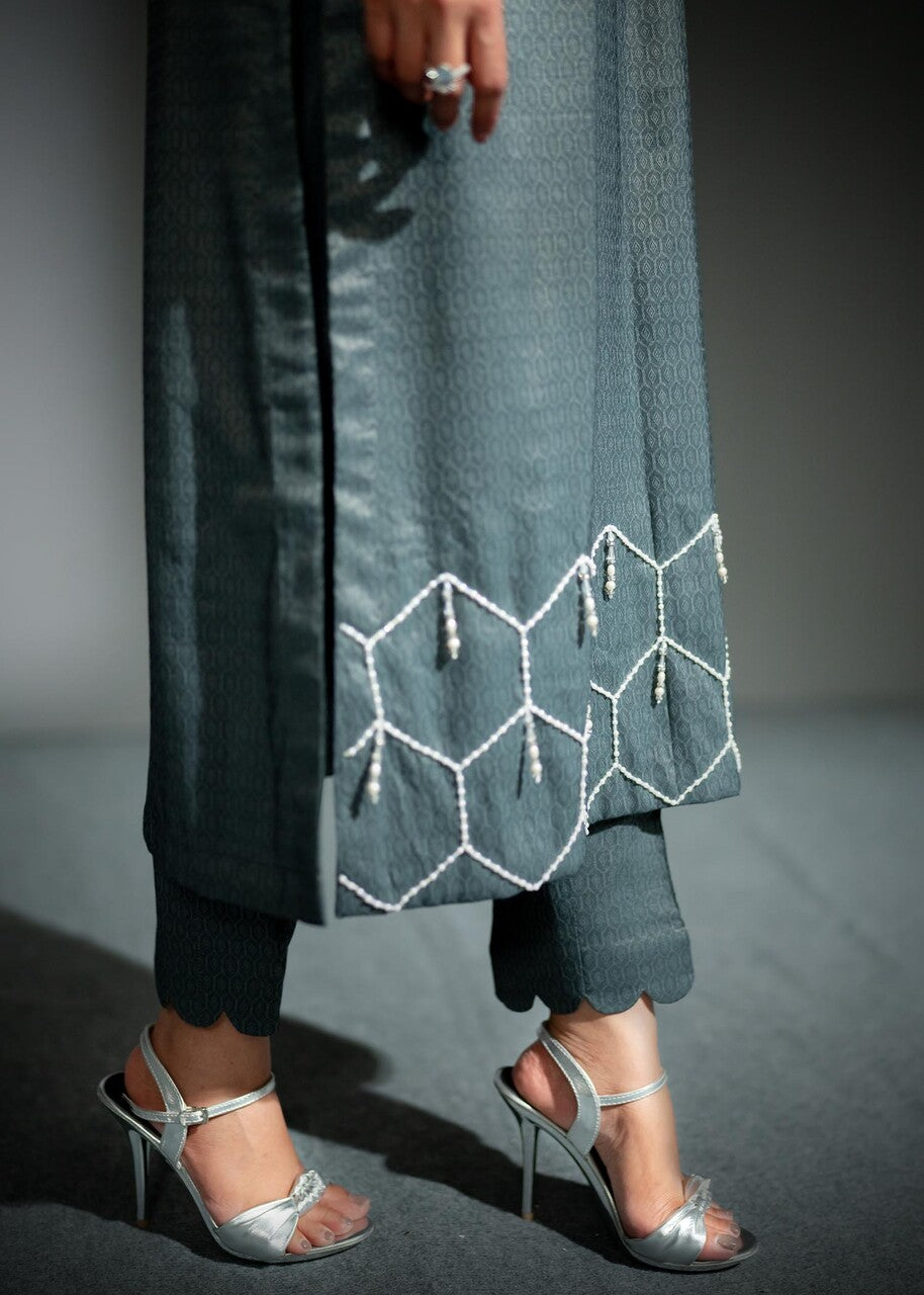 jacquard Kurta Set in Grey