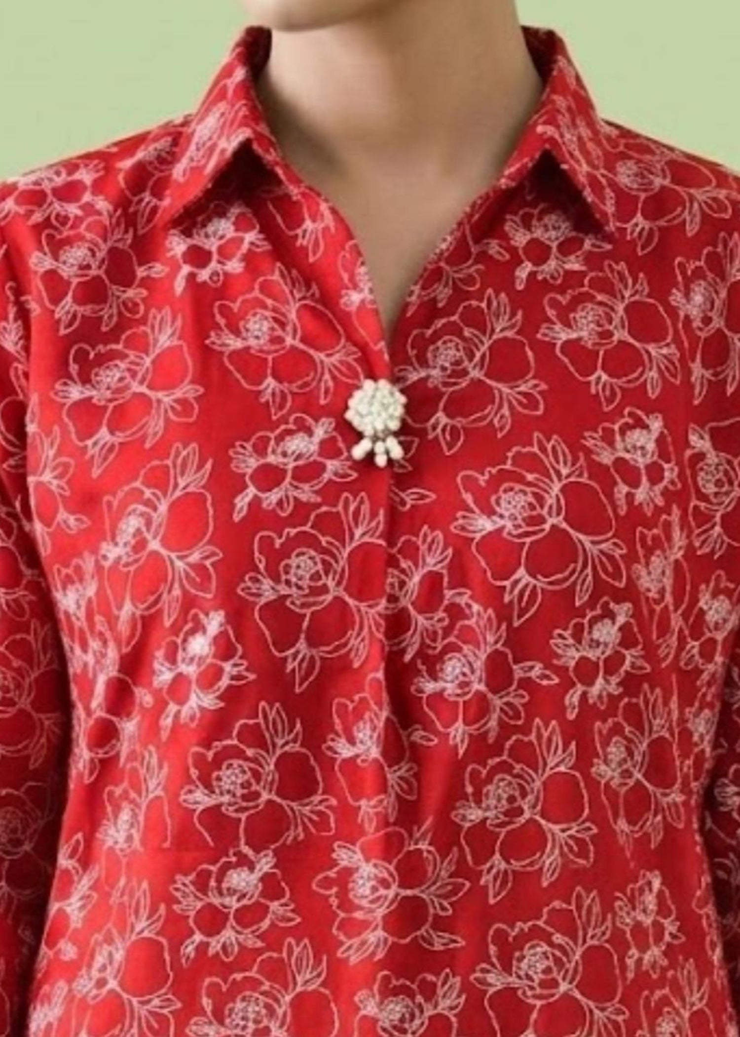 linen Kurta Set in White, red