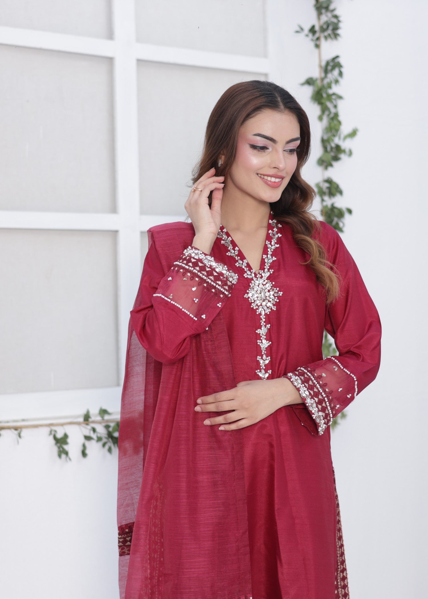 raw silk Kurta Set in Deep carmine