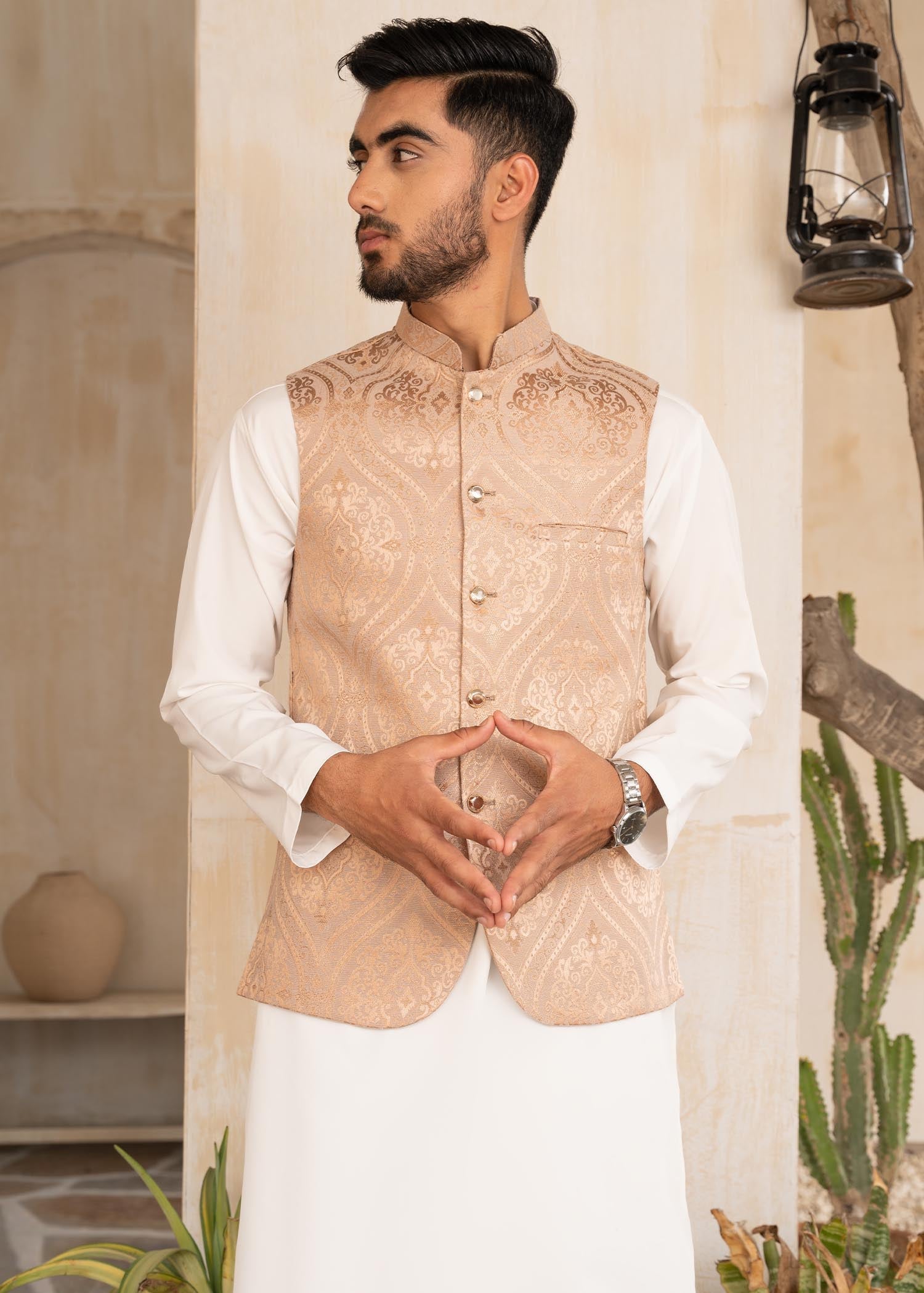 banarasi jacquard Waistcoat in Peach pink