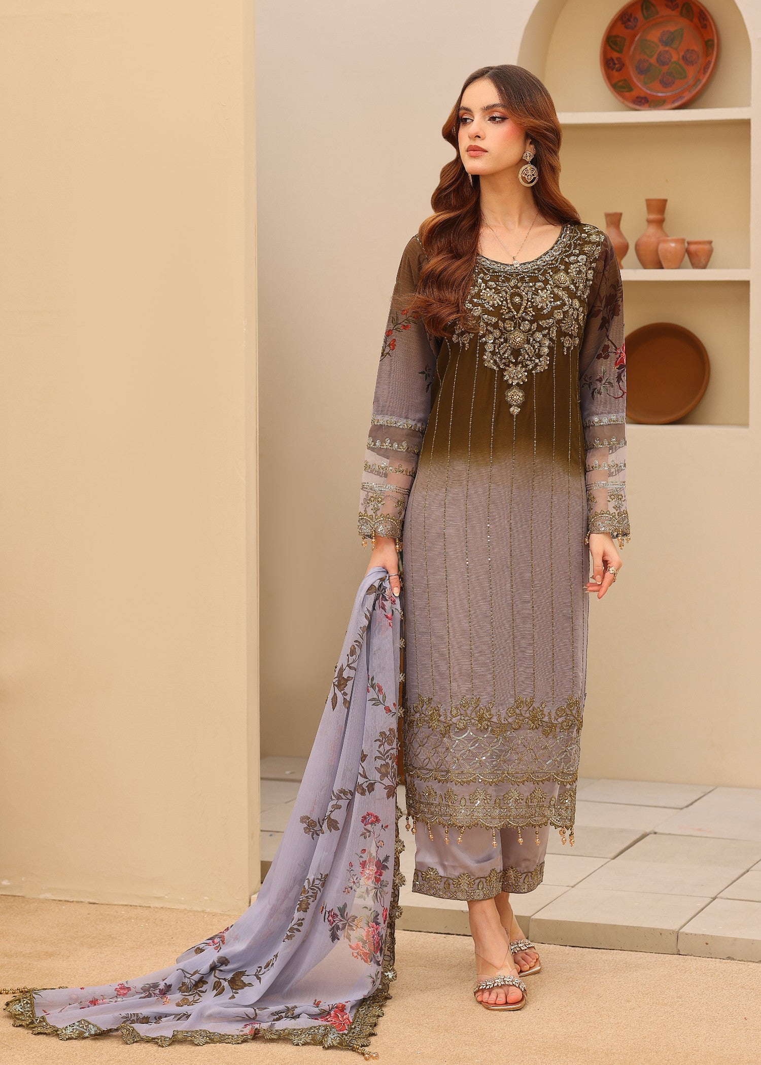chiffon Kurta Set in Dark brown, grey
