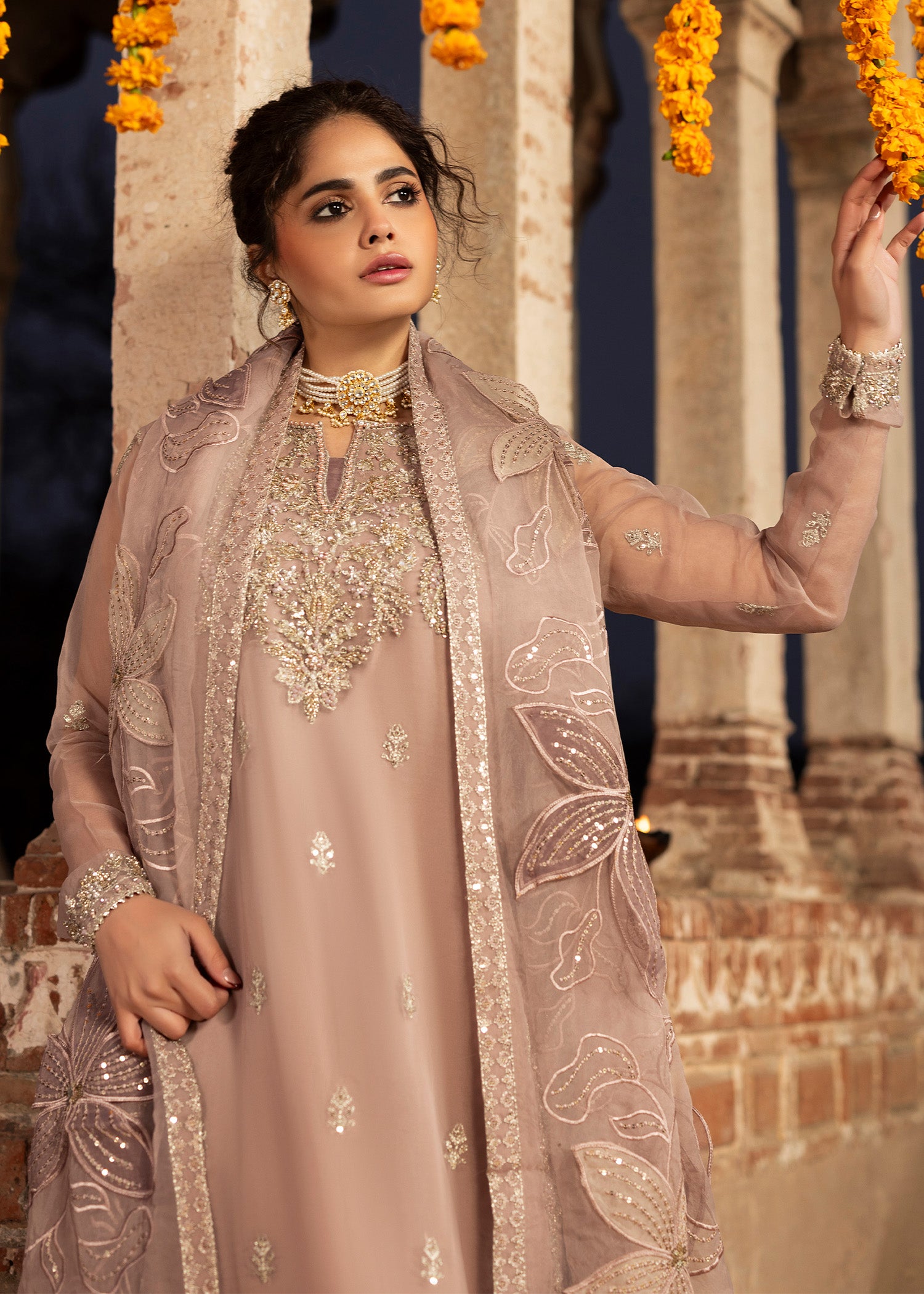 organza Gharara in Tea rose pink