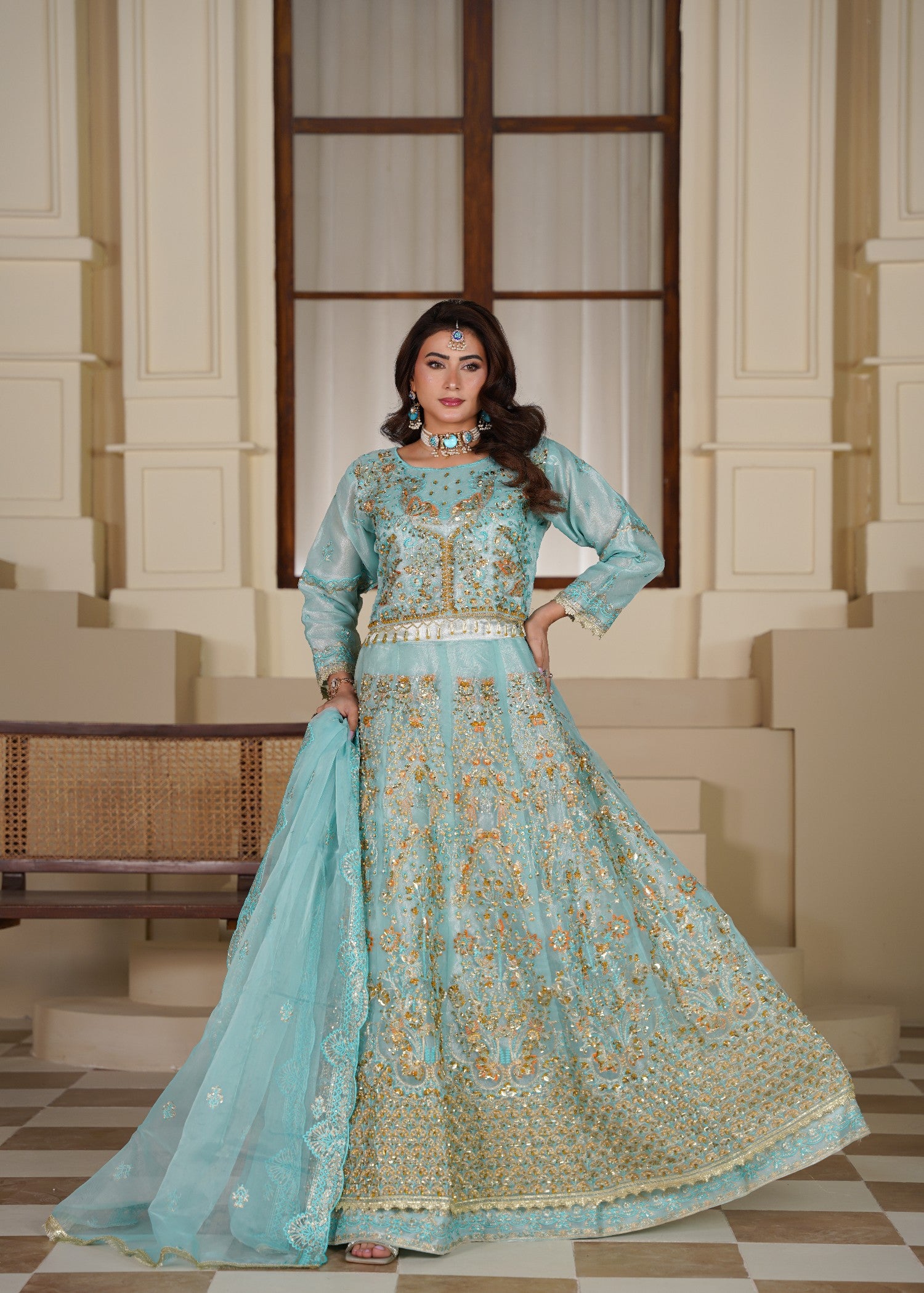 organza Lehenga in Turquoise, gold