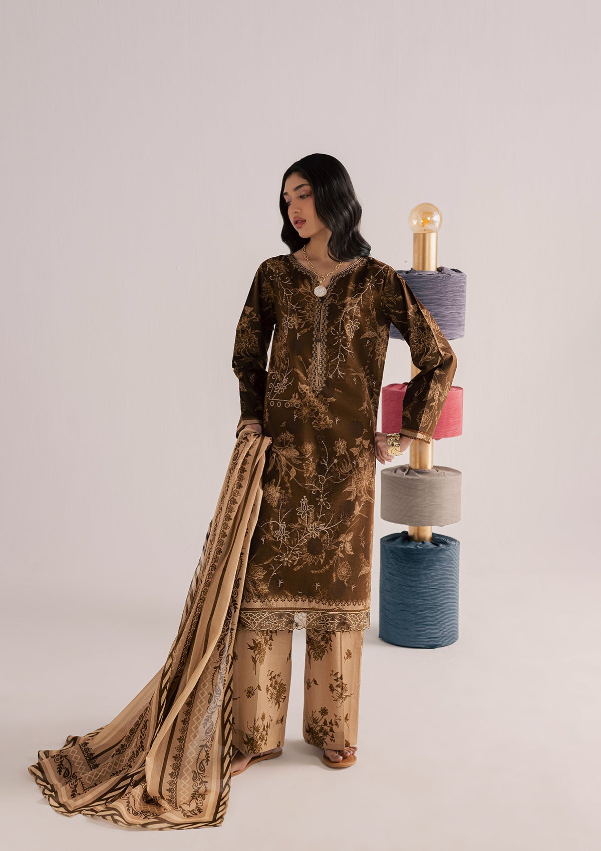 lawn Kurta Set in Dark brown