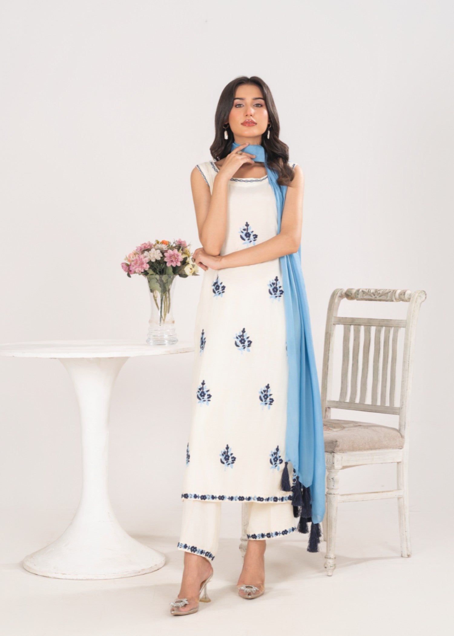 silk finish lawn Kurta Set in Ivory